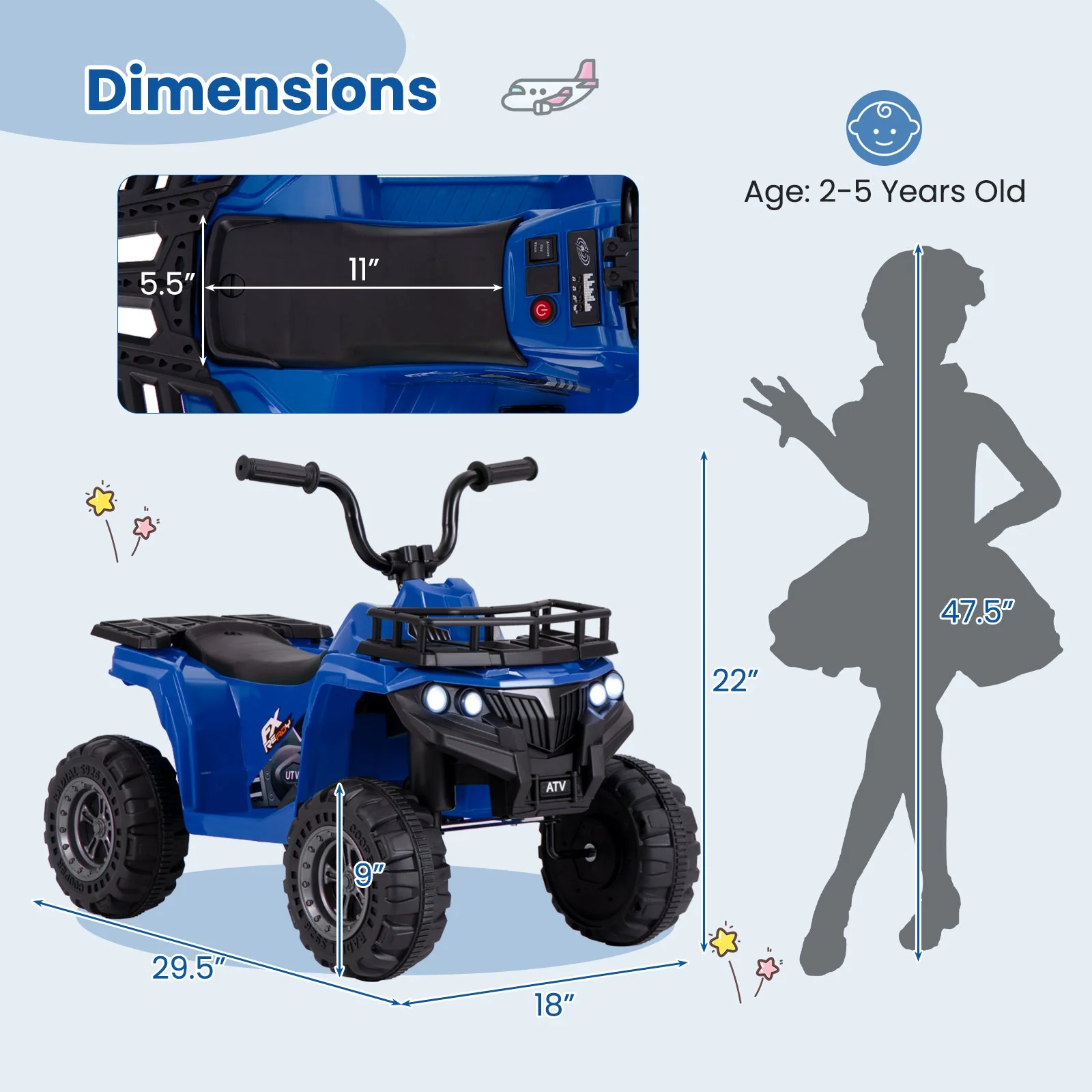 6V Kids Ride On Electric ATV with LED Headlights and MP3 Player-Blue - Image 4