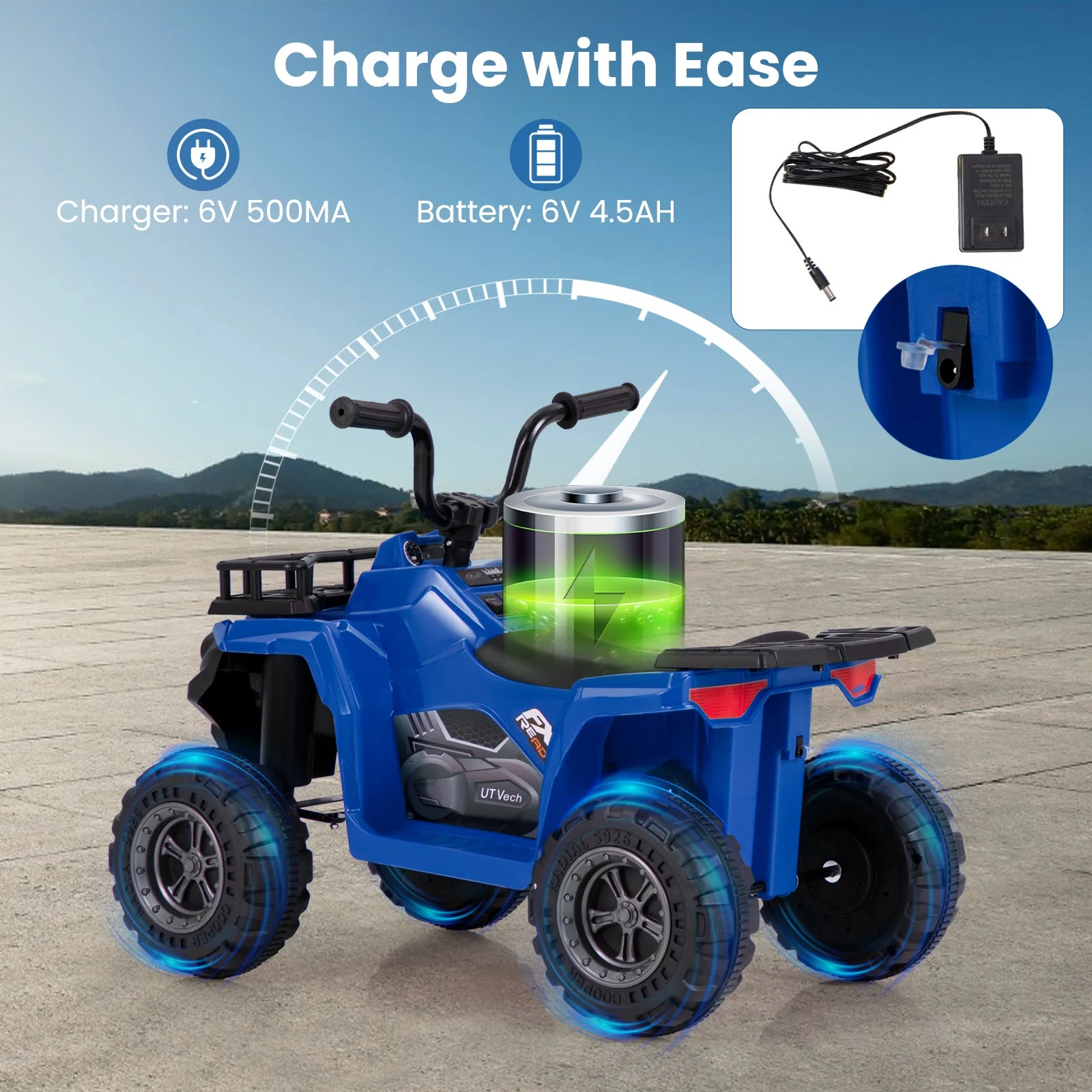 6V Kids Ride On Electric ATV with LED Headlights and MP3 Player-Blue - Image 7