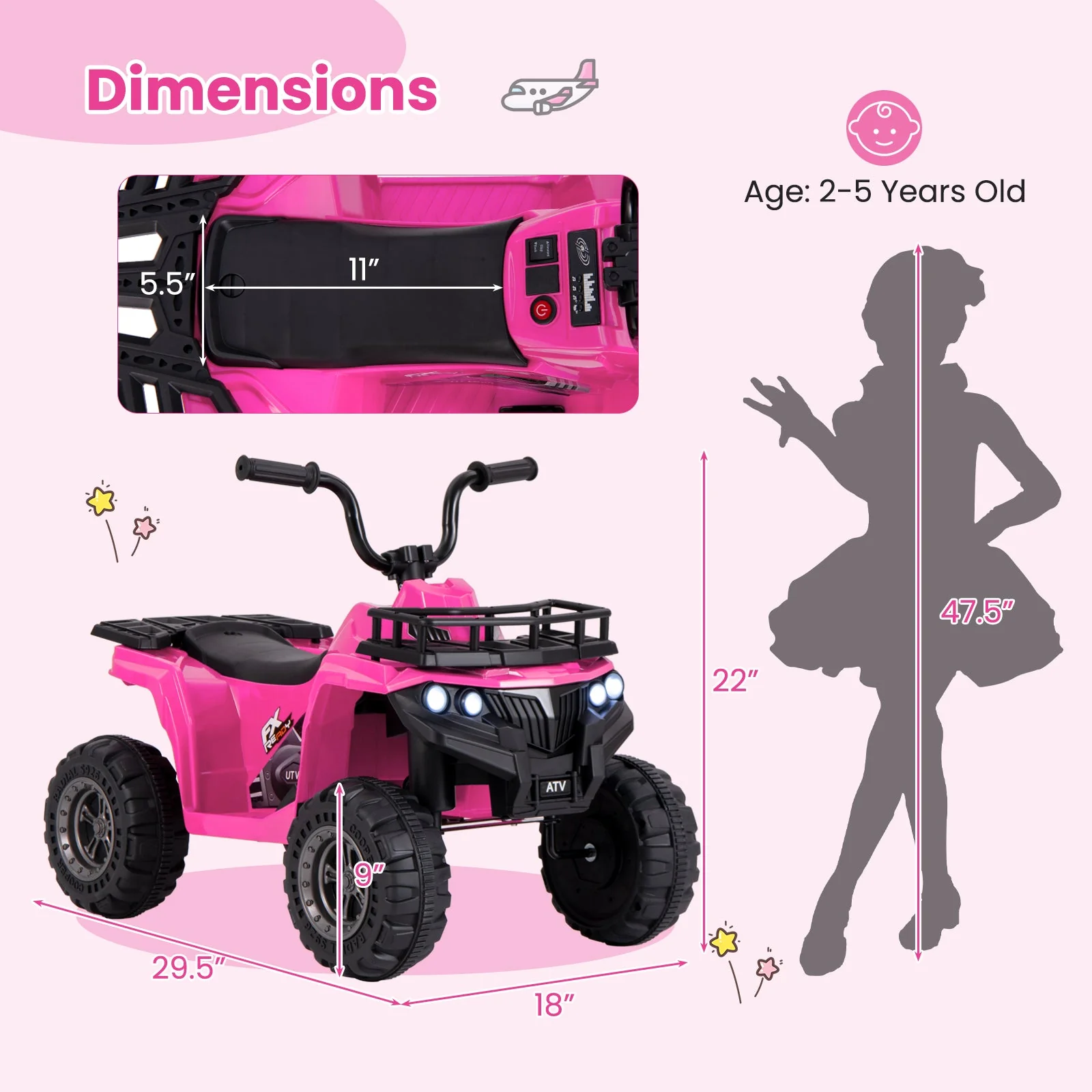 6V Kids Ride On Electric ATV with LED Headlights and MP3 Player-Pink - Image 4