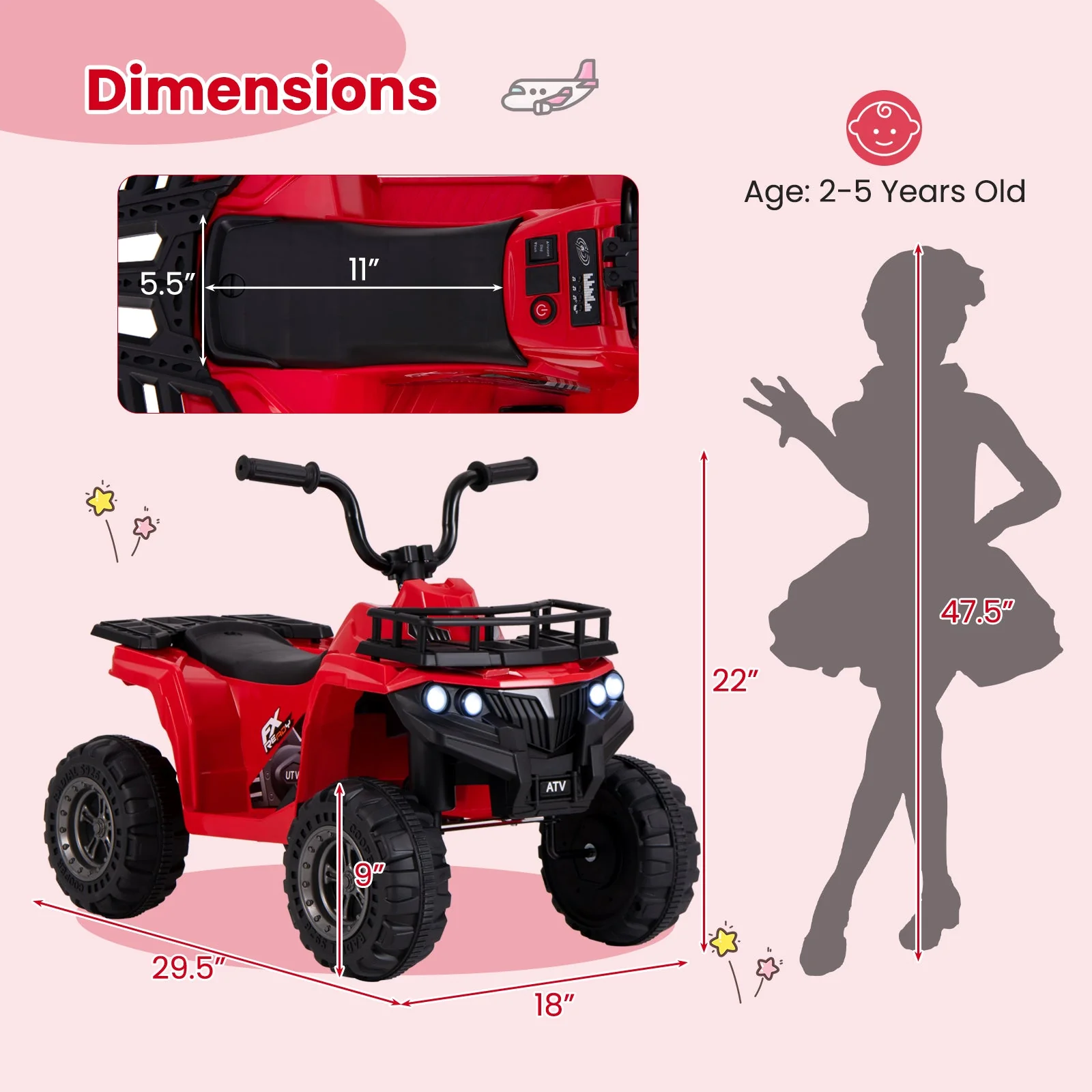 6V Kids Ride On Electric ATV with LED Headlights and MP3 Player-Red - Image 4
