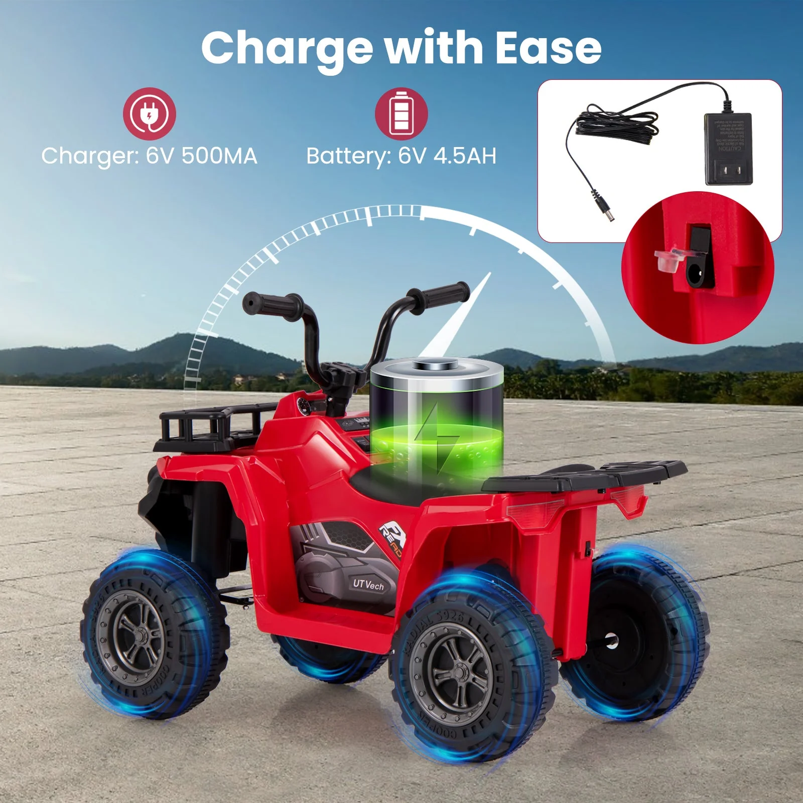 6V Kids Ride On Electric ATV with LED Headlights and MP3 Player-Red - Image 7