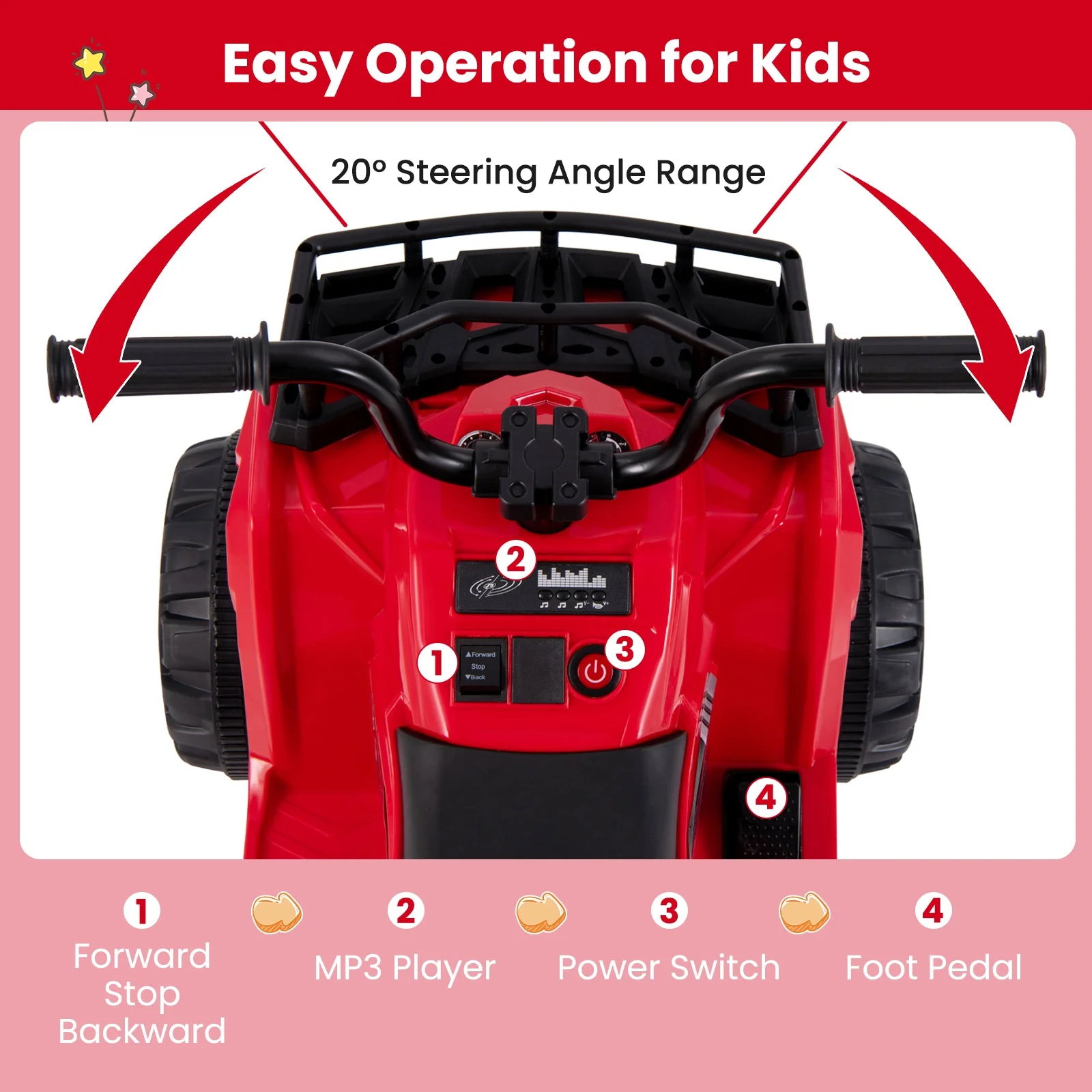 6V Kids Ride On Electric ATV with LED Headlights and MP3 Player-Red - Image 8