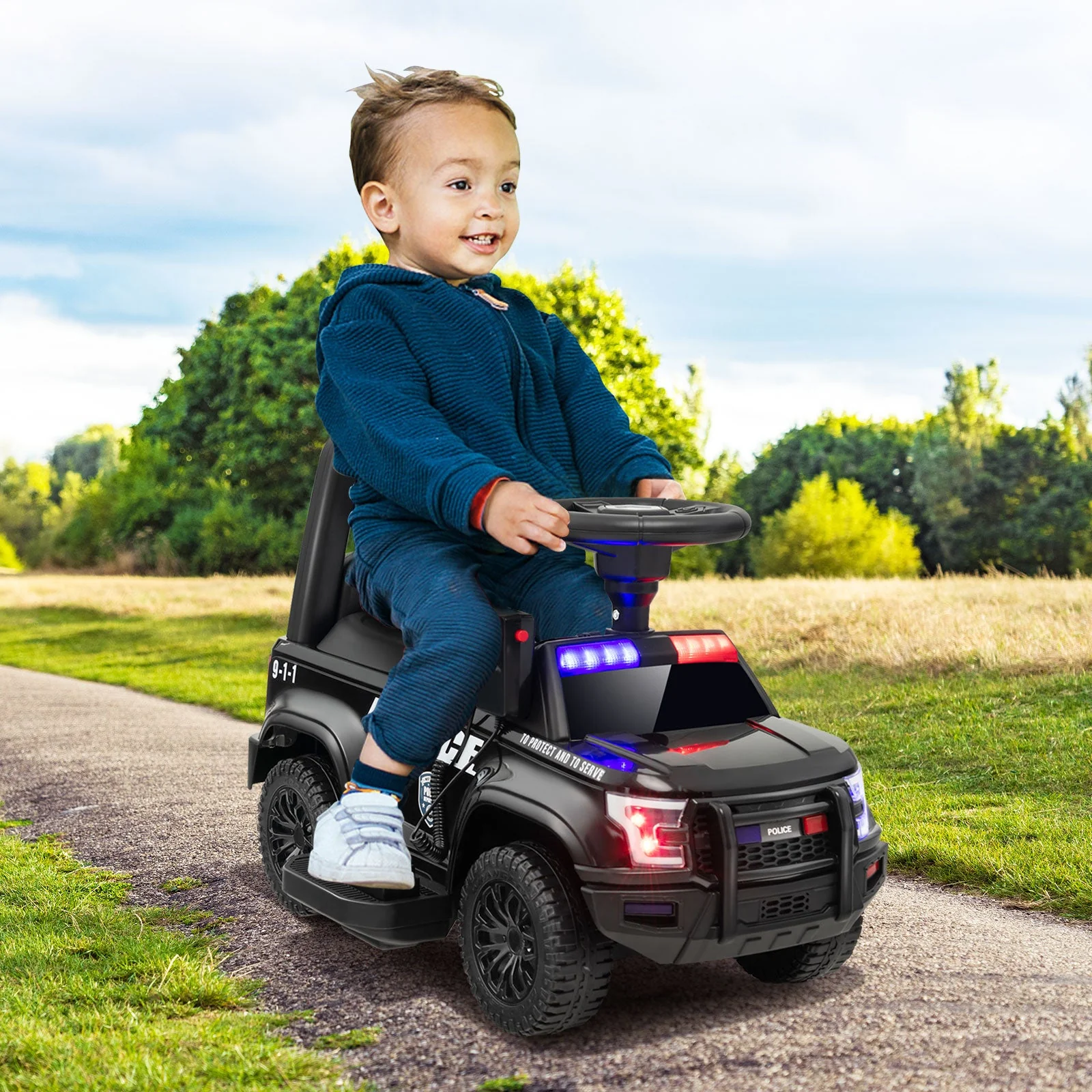 6V Kids Ride On Police Car with Real Megaphone and Siren Flashing Lights-Black - Image 2