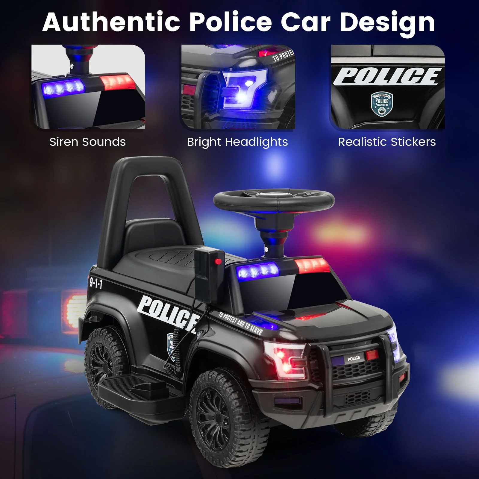 6V Kids Ride On Police Car with Real Megaphone and Siren Flashing Lights-Black - Image 3