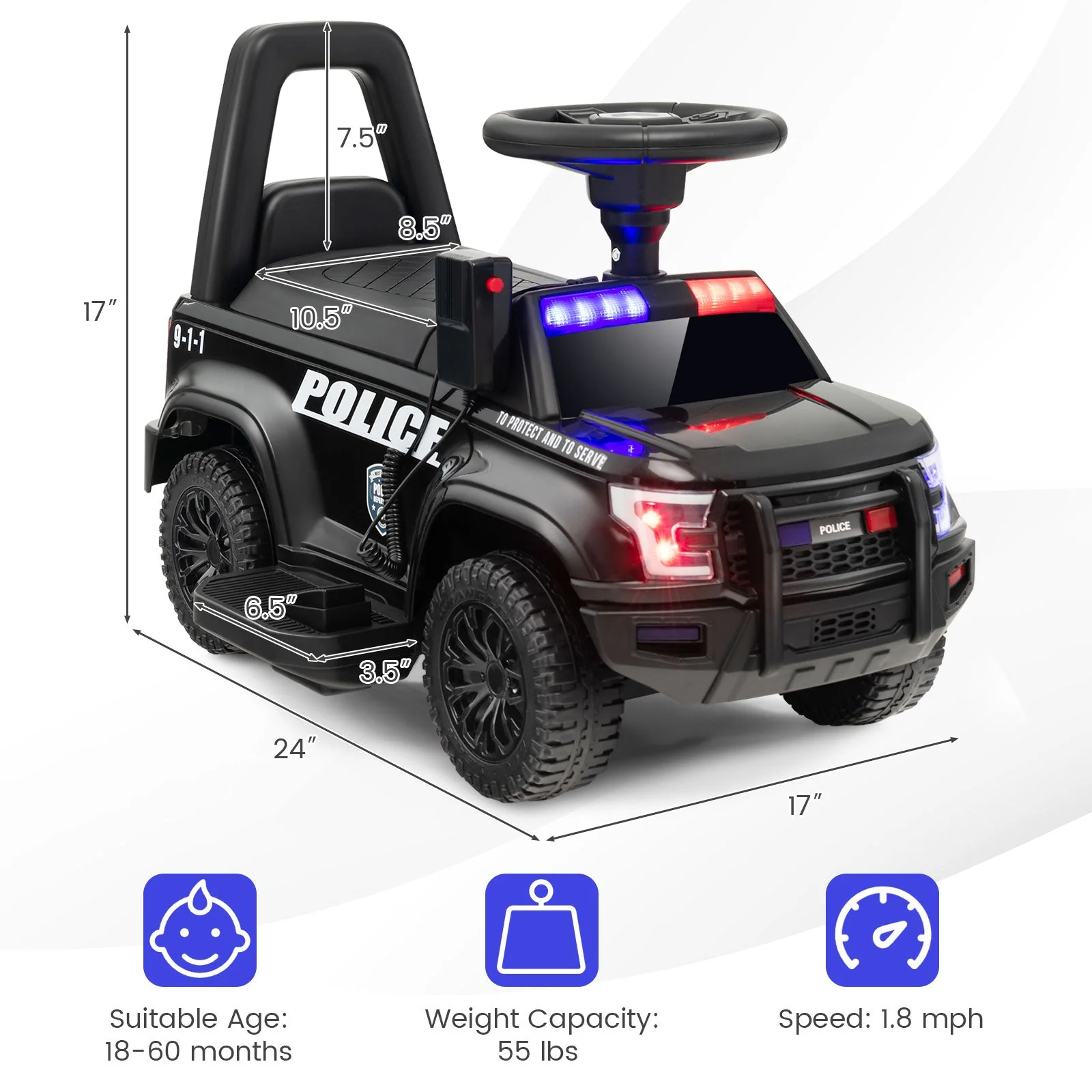 6V Kids Ride On Police Car with Real Megaphone and Siren Flashing Lights-Black - Image 4