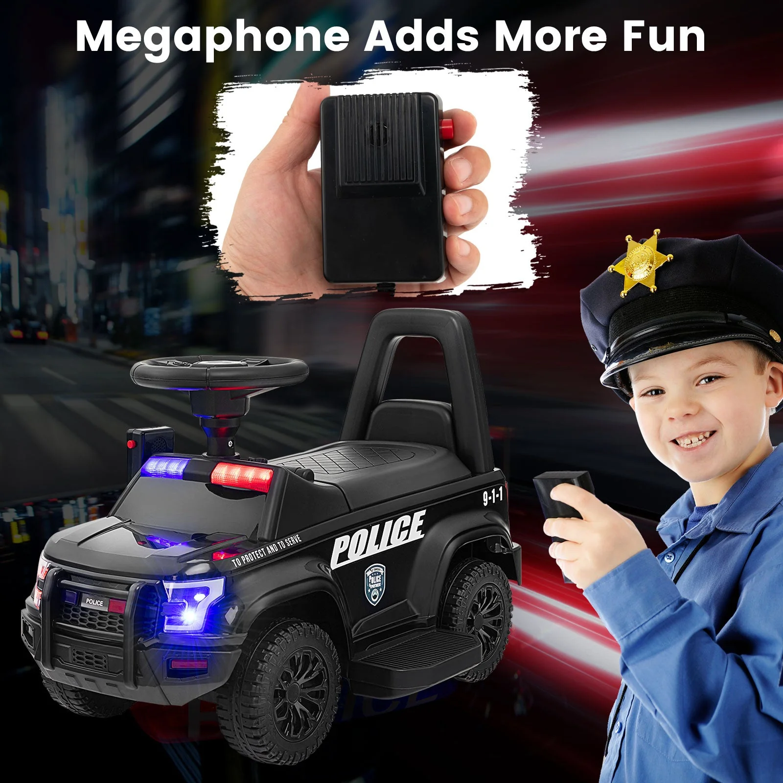 6V Kids Ride On Police Car with Real Megaphone and Siren Flashing Lights-Black - Image 5