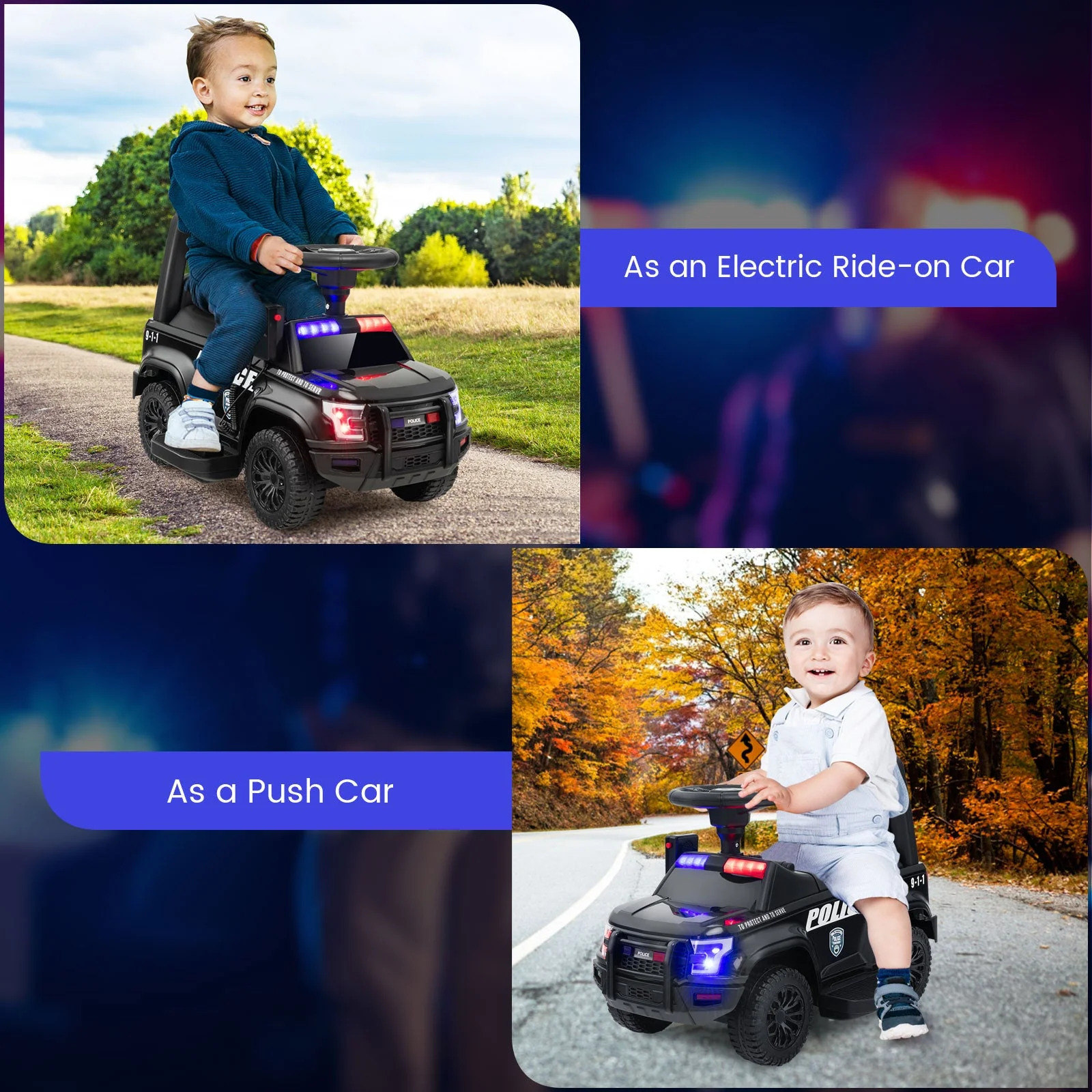 6V Kids Ride On Police Car with Real Megaphone and Siren Flashing Lights-Black - Image 7