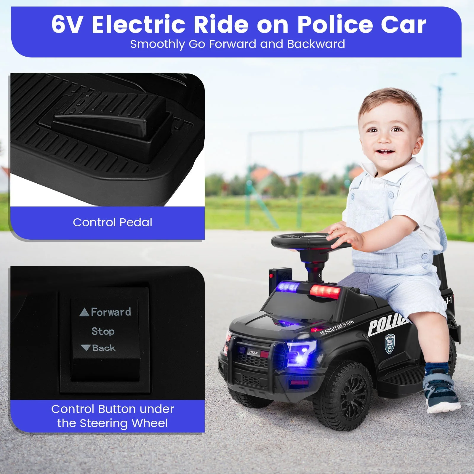 6V Kids Ride On Police Car with Real Megaphone and Siren Flashing Lights-Black - Image 8
