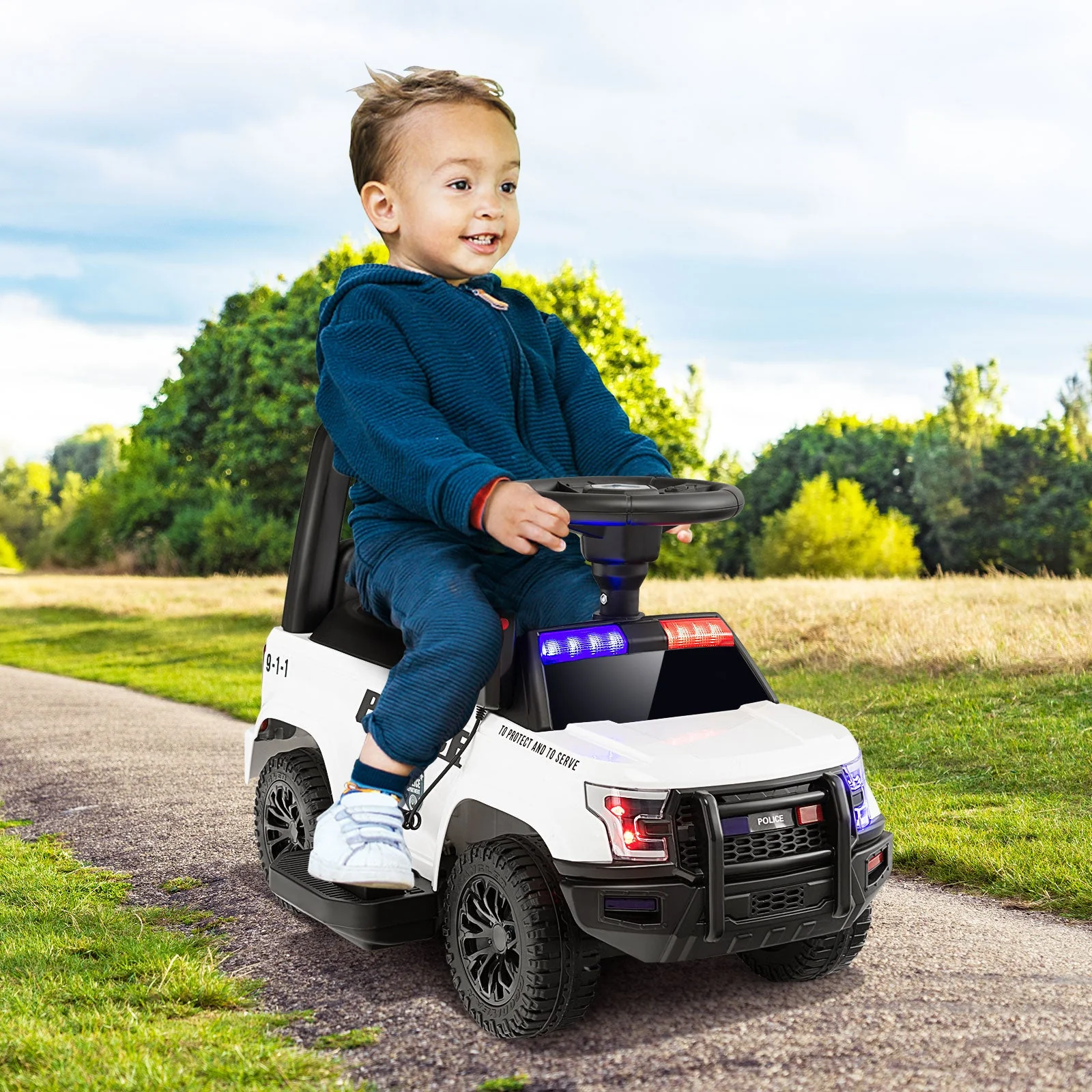 6V Kids Ride On Police Car with Real Megaphone and Siren Flashing Lights-White - Image 2