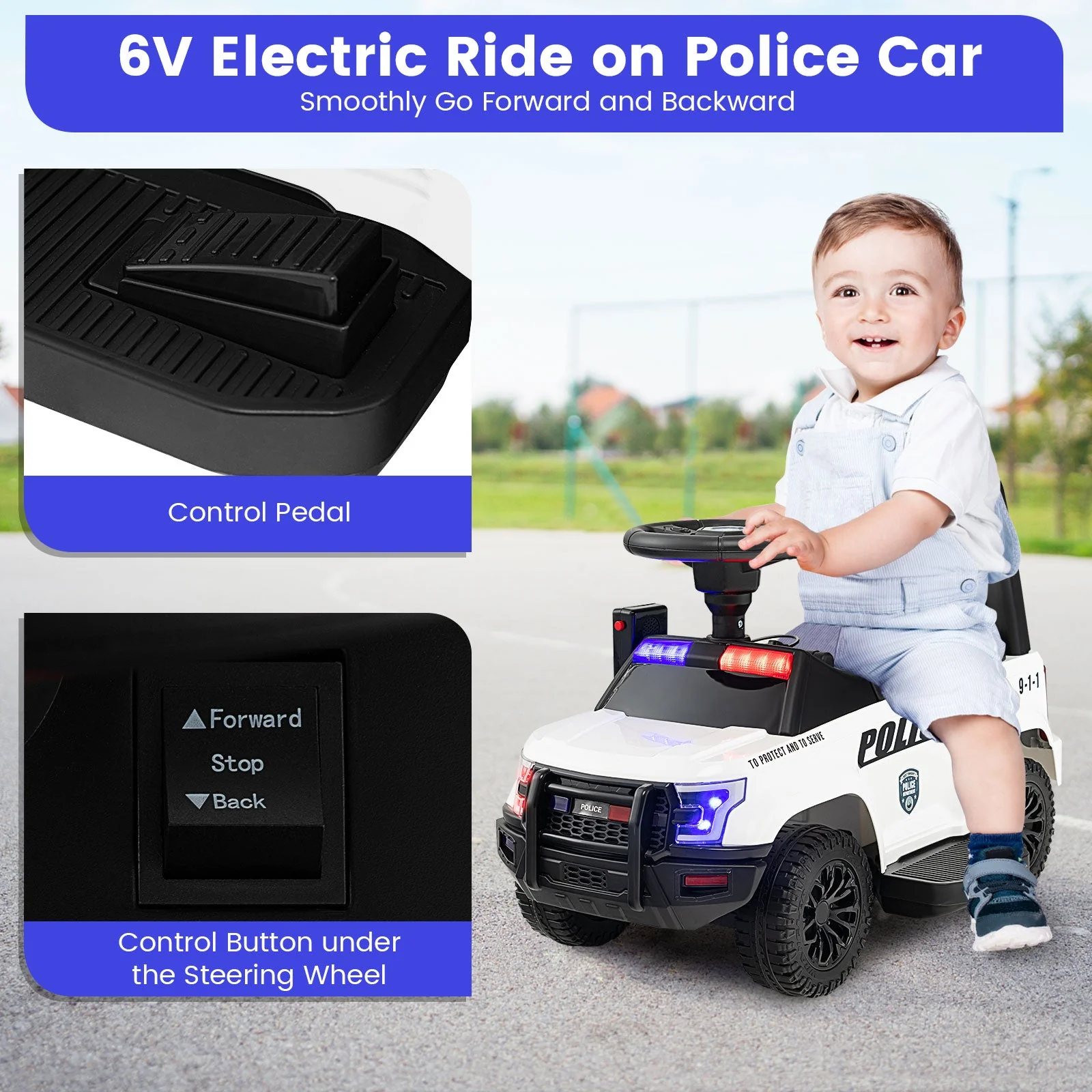 6V Kids Ride On Police Car with Real Megaphone and Siren Flashing Lights-White - Image 3