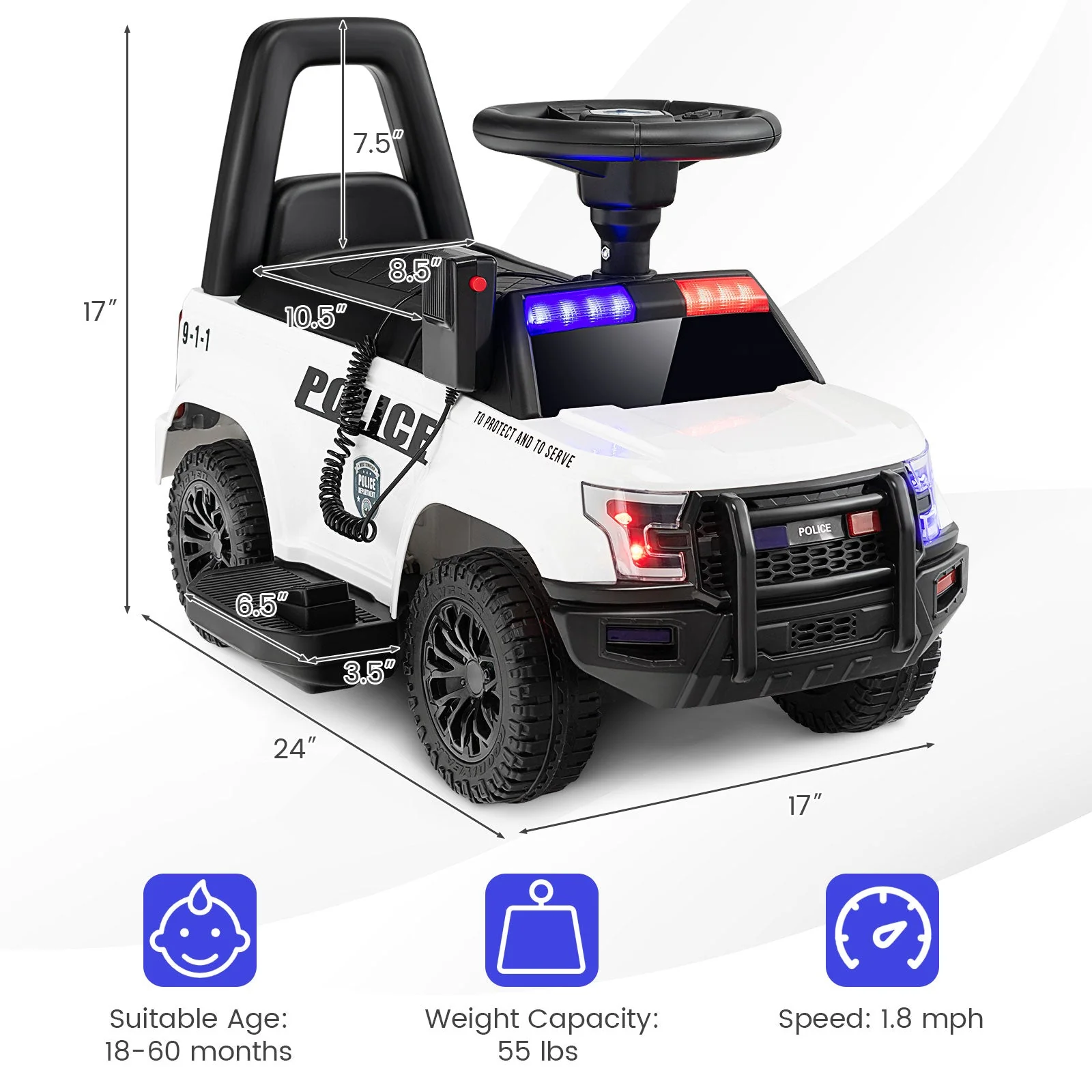 6V Kids Ride On Police Car with Real Megaphone and Siren Flashing Lights-White - Image 4