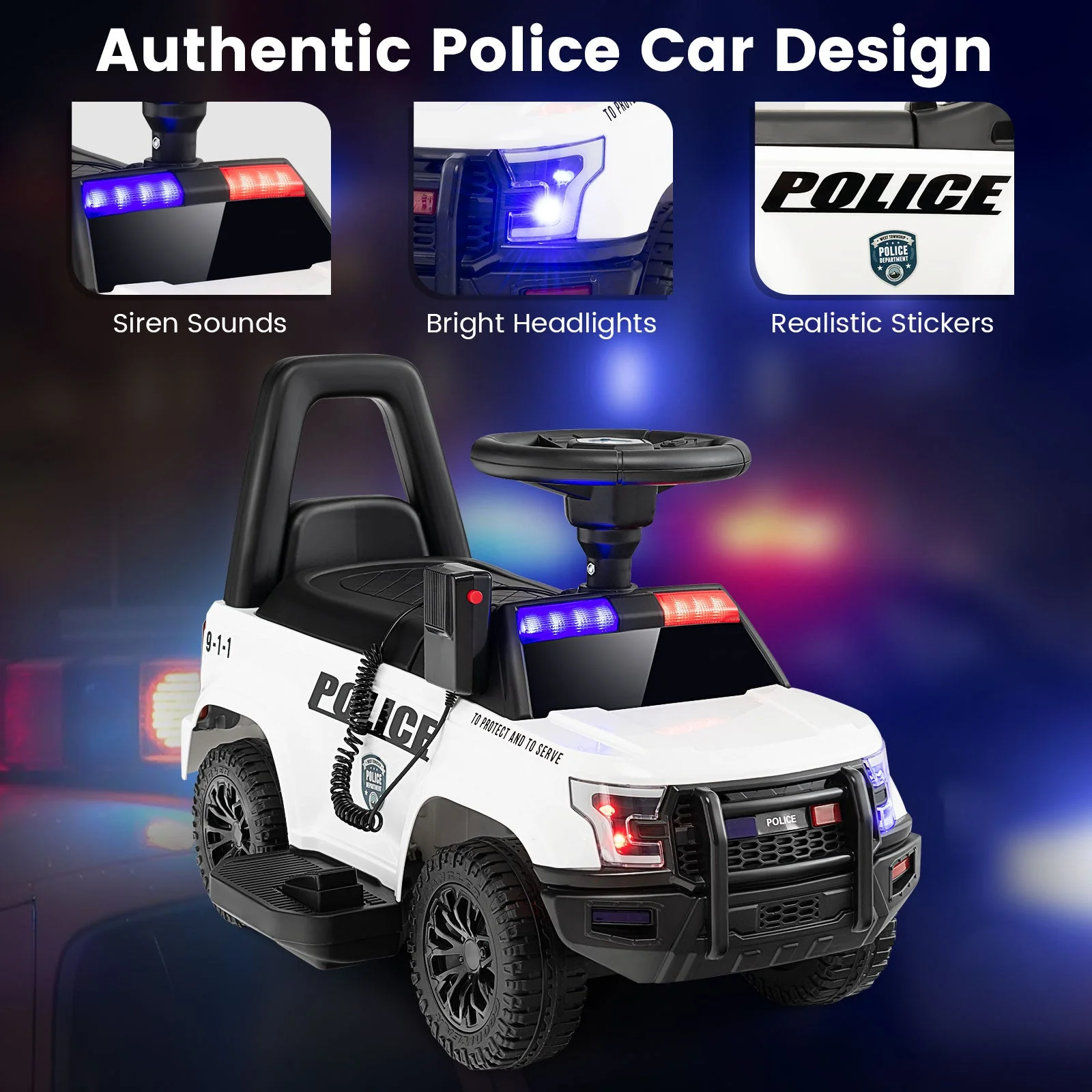 6V Kids Ride On Police Car with Real Megaphone and Siren Flashing Lights-White - Image 5