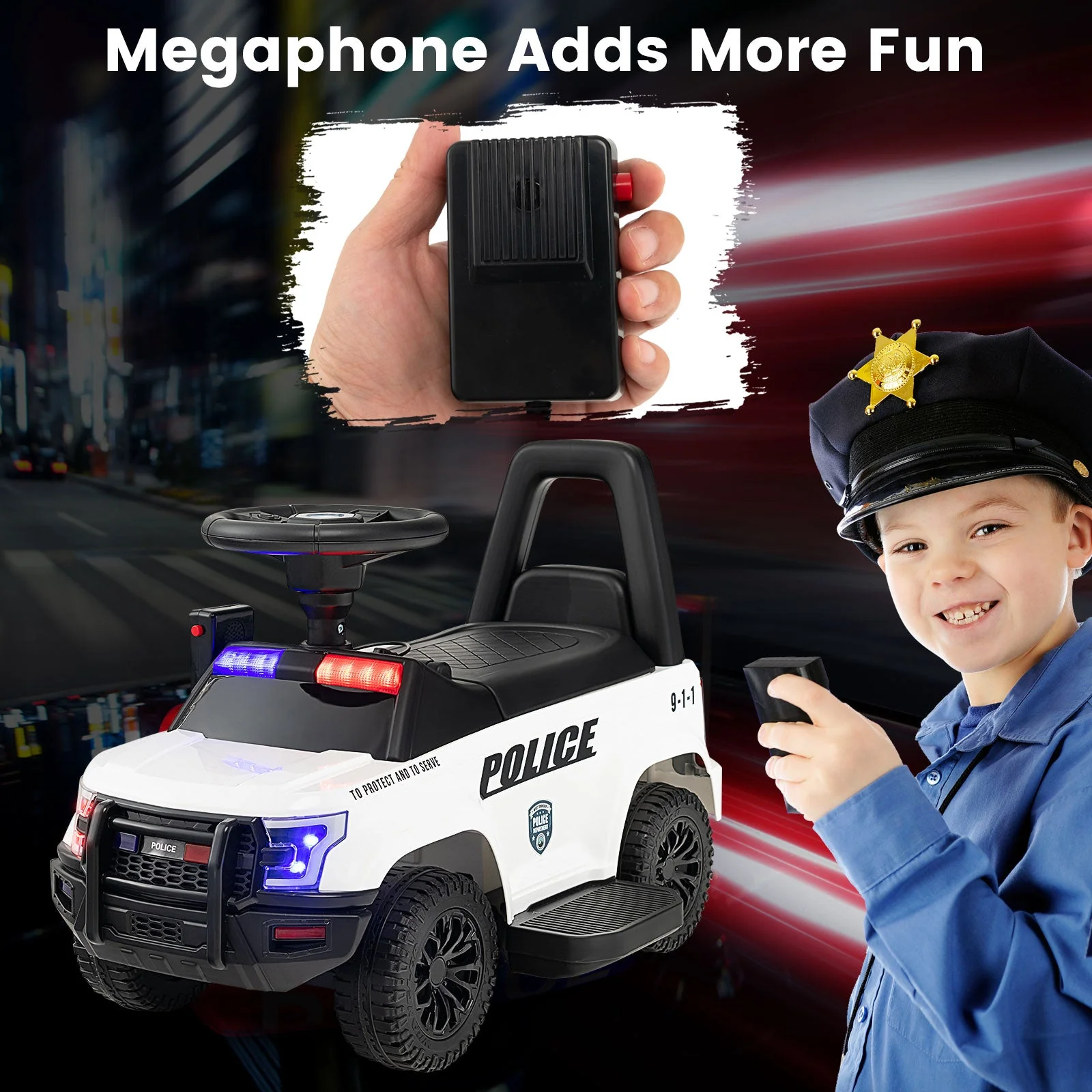 6V Kids Ride On Police Car with Real Megaphone and Siren Flashing Lights-White - Image 8