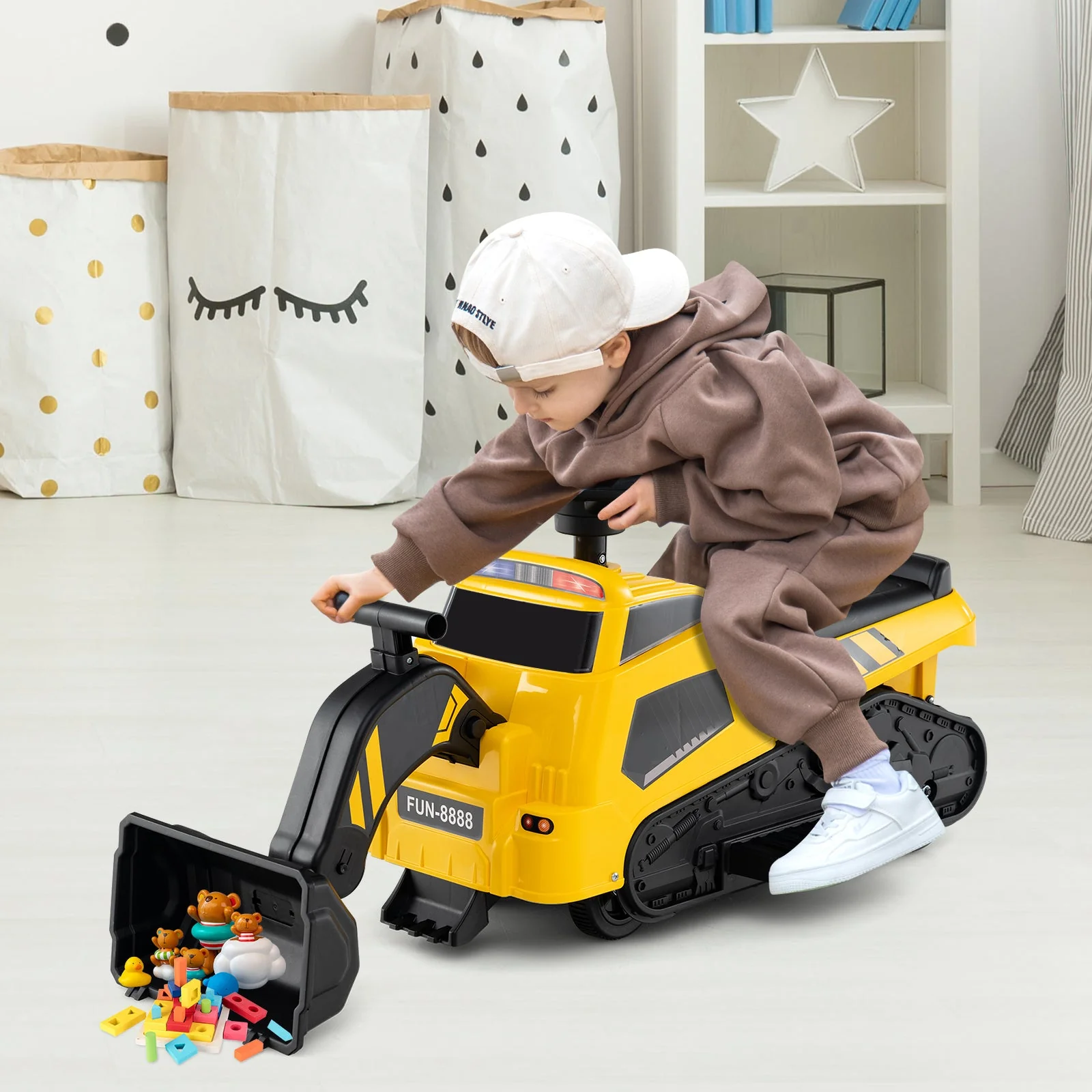 6V Ride on Tractor 3-in-1 Electric Excavator with Adjustable Arms and Music-Yellow - Image 2