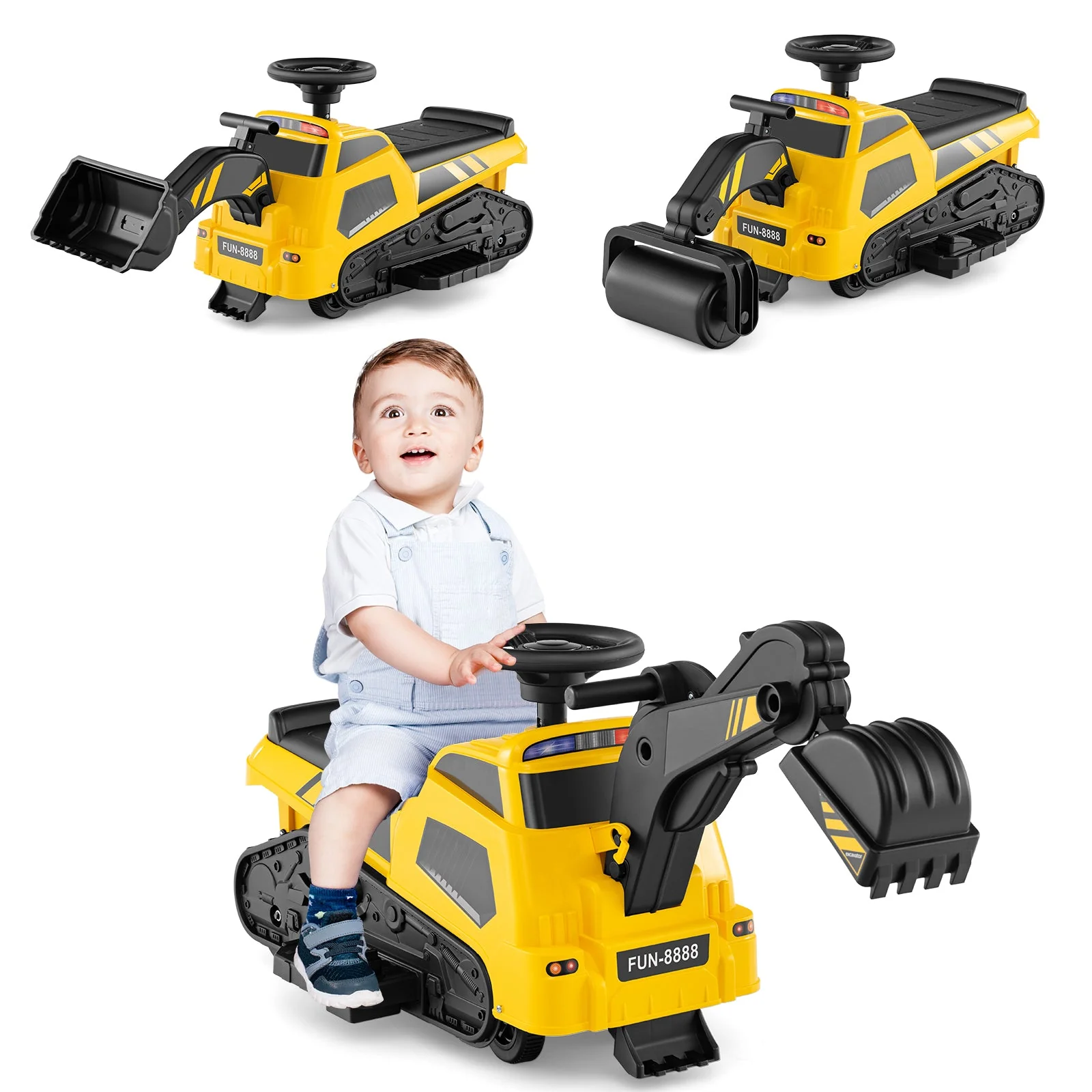 6V Ride on Tractor 3-in-1 Electric Excavator with Adjustable Arms and Music-Yellow - Image 4