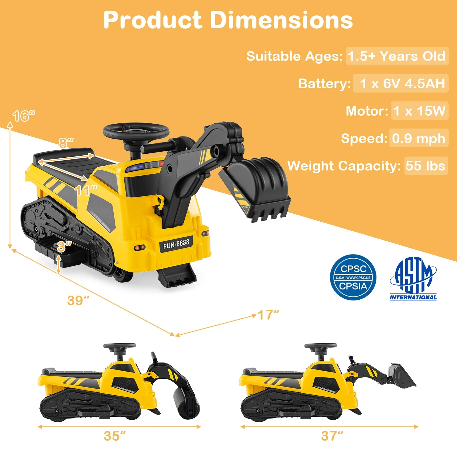 6V Ride on Tractor 3-in-1 Electric Excavator with Adjustable Arms and Music-Yellow - Image 5