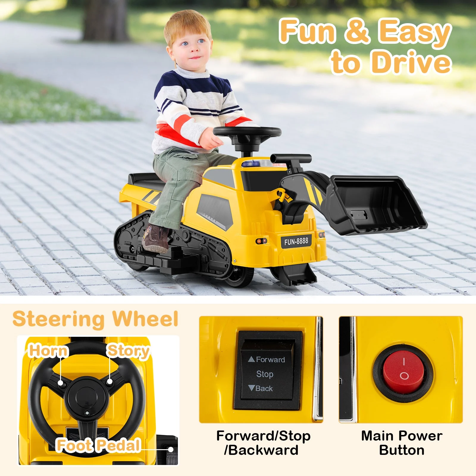 6V Ride on Tractor 3-in-1 Electric Excavator with Adjustable Arms and Music-Yellow - Image 7
