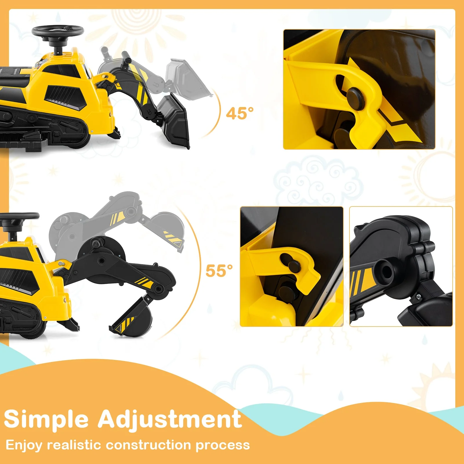 6V Ride on Tractor 3-in-1 Electric Excavator with Adjustable Arms and Music-Yellow - Image 8
