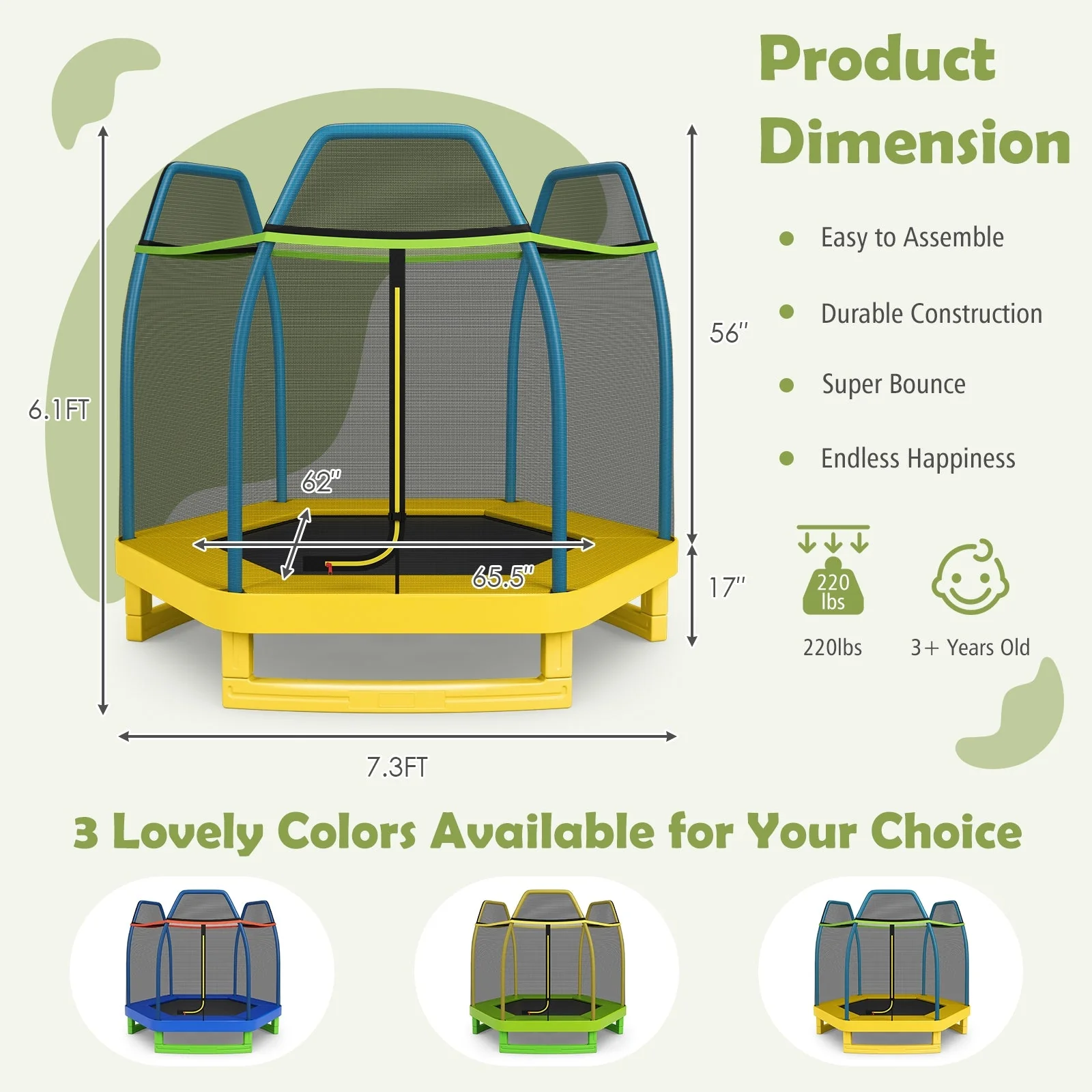 7 Feet Kids Recreational Bounce Jumper Trampoline-Yellow - Image 3