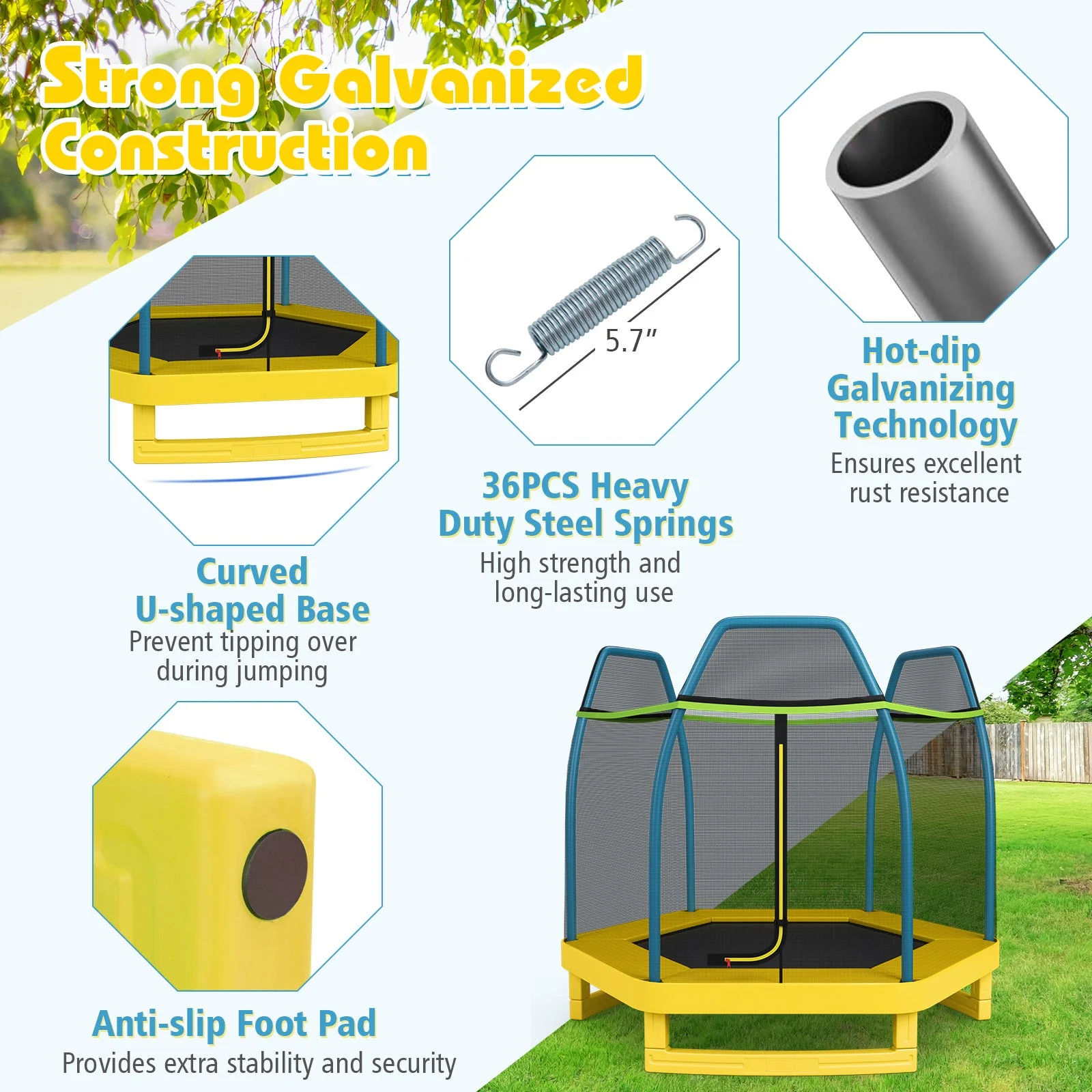 7 Feet Kids Recreational Bounce Jumper Trampoline-Yellow - Image 7