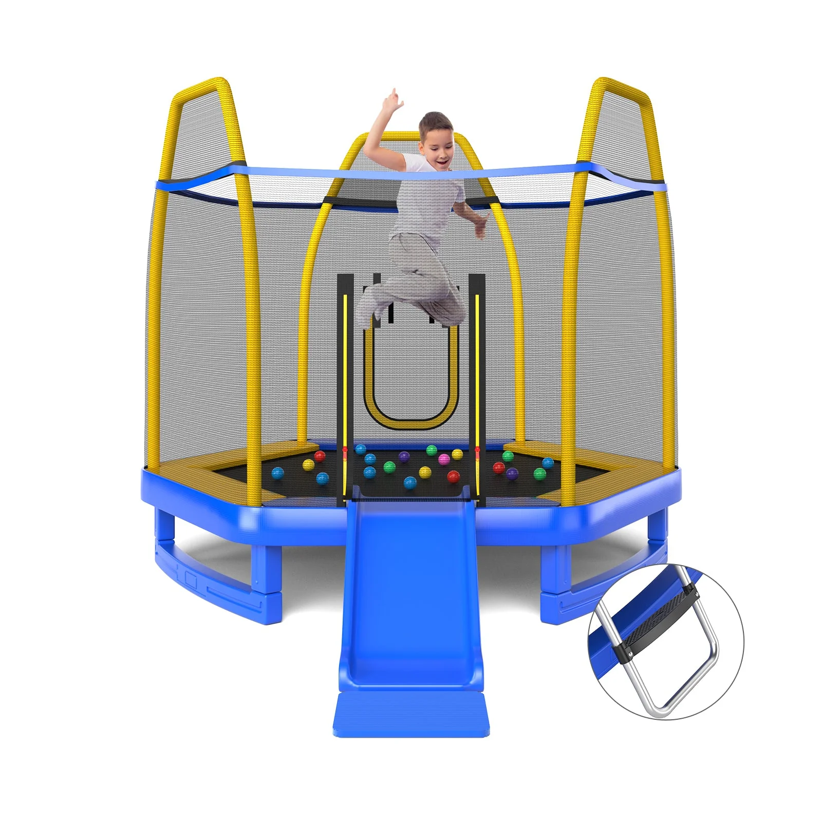 7 Feet Trampoline with Ladder and Slide for Indoor and Outdoor-Blue - Image 2
