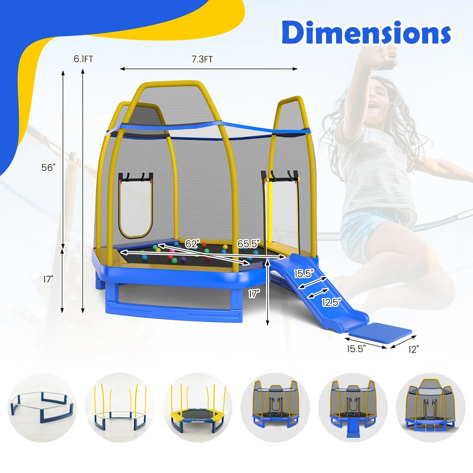 7 Feet Trampoline with Ladder and Slide for Indoor and Outdoor-Blue - Image 3