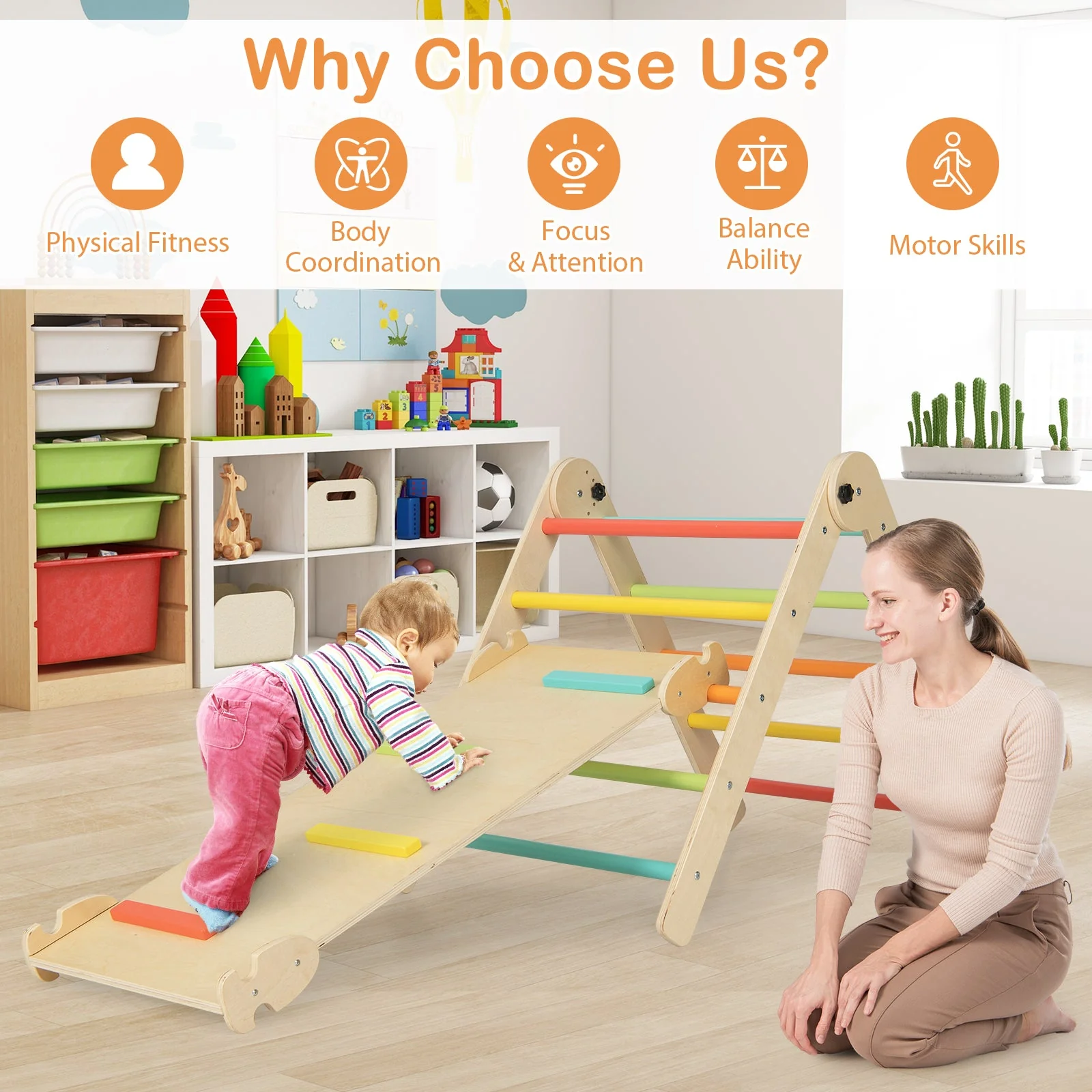 7-in-1 Indoor Climbing Toys for Toddlers with Reversible Ramp-Multicolor - Image 8