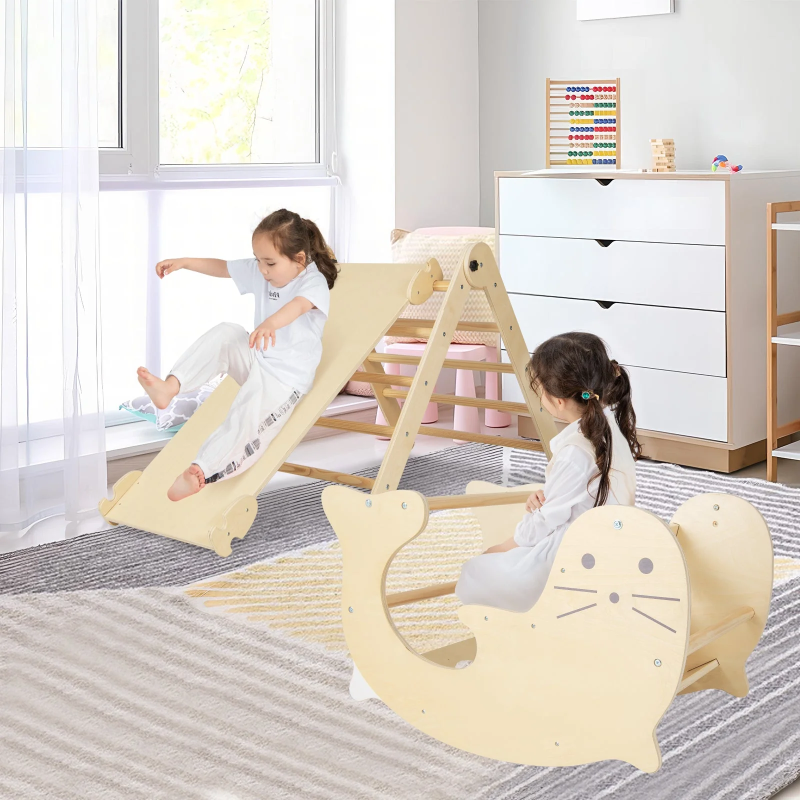 7-in-1 Indoor Climbing Toys for Toddlers with Reversible Ramp-Natural - Image 2