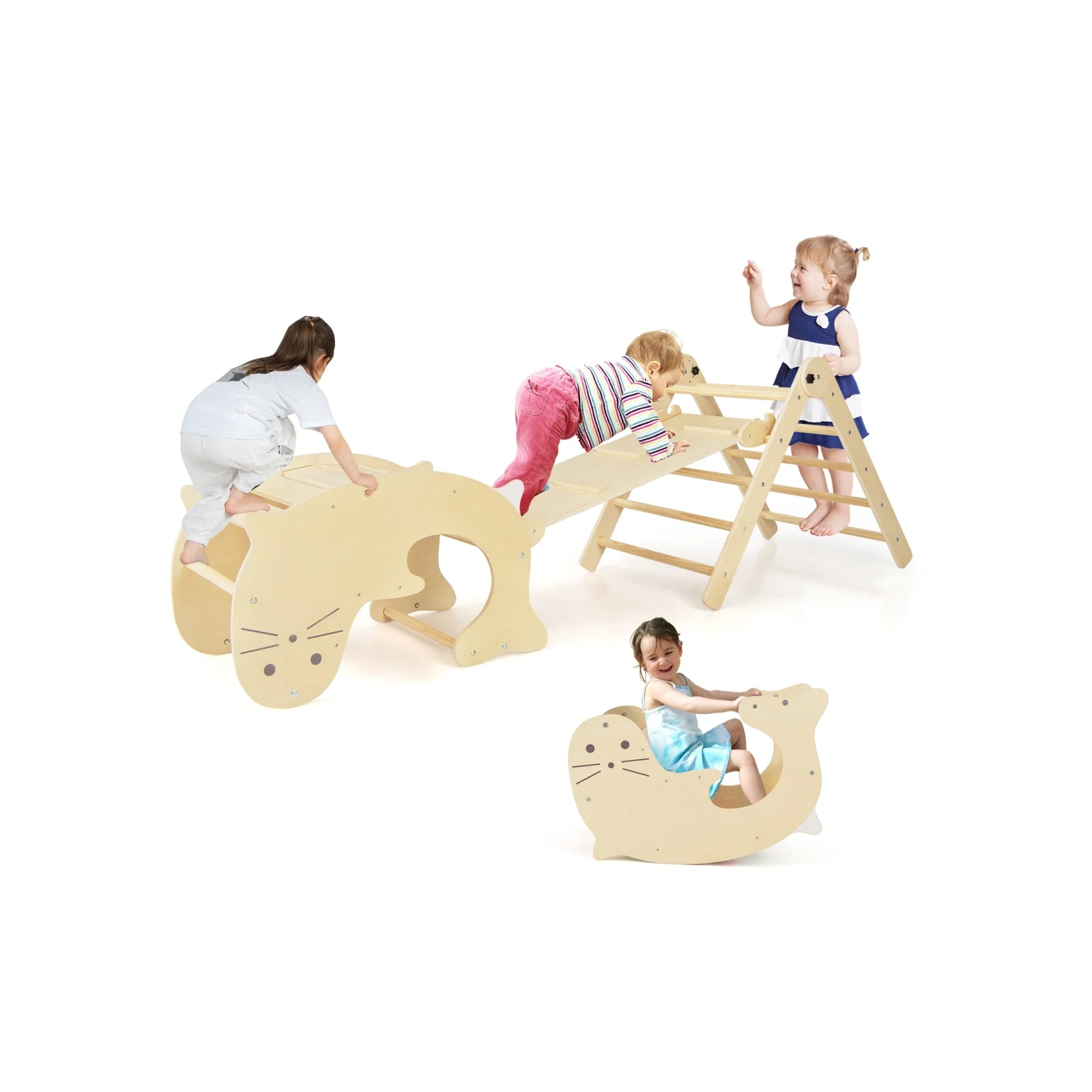 7-in-1 Indoor Climbing Toys for Toddlers with Reversible Ramp-Natural - Image 3