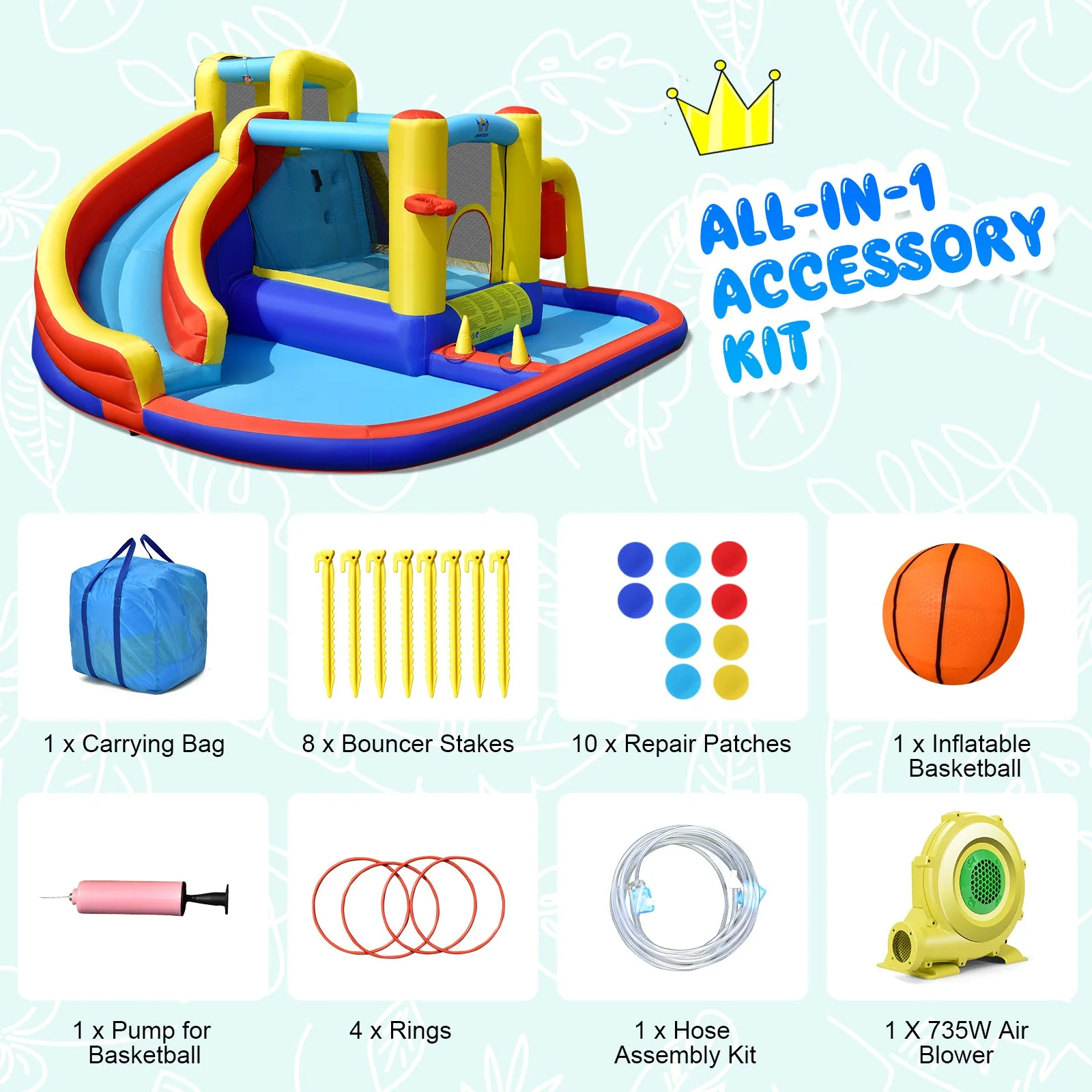 7-in-1 Inflatable Water Slide with 735W Air Blower and Splash Pool - Image 8