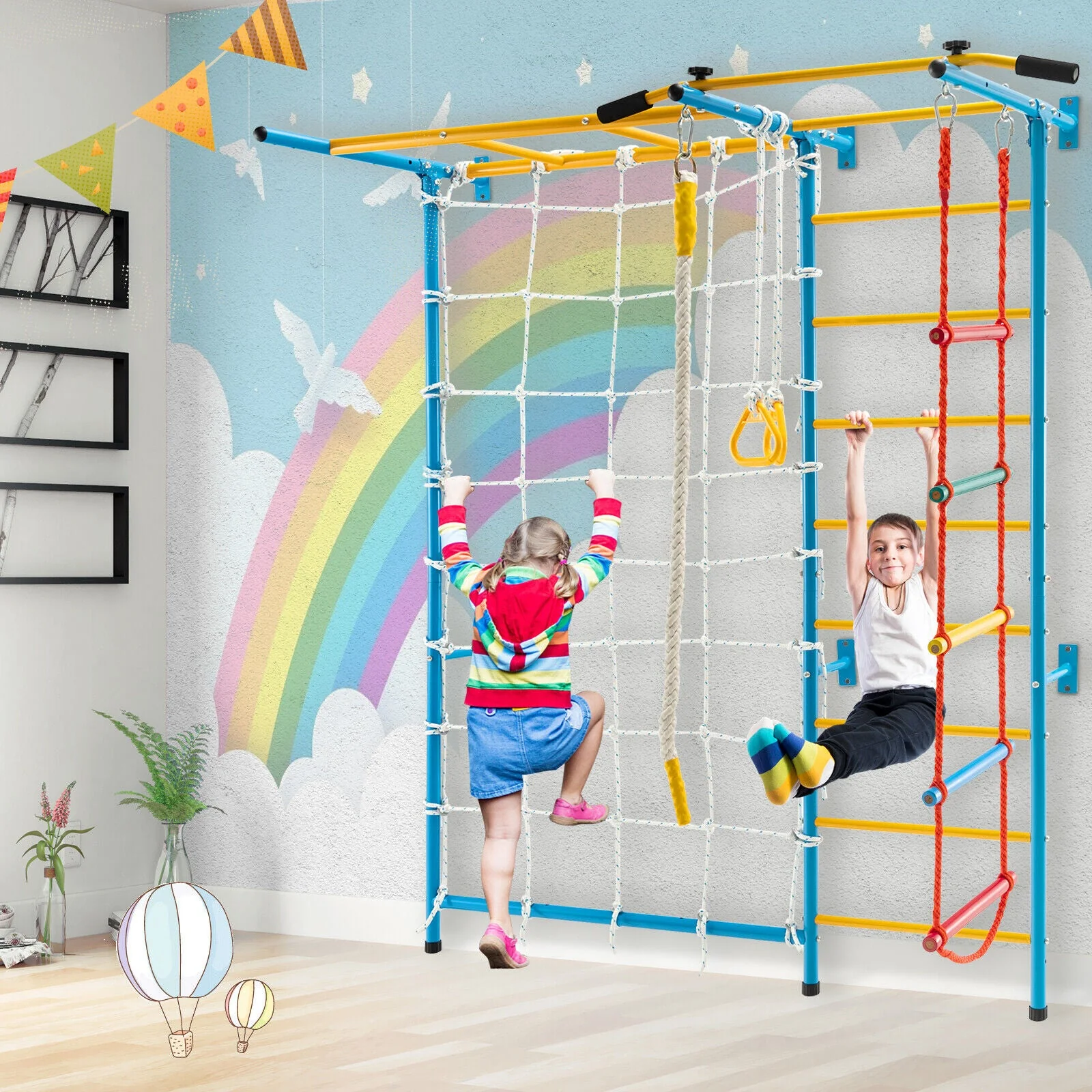 7 In 1 Kids Indoor Gym Playground Swedish Wall Ladder for Solid Wall-Yellow - Image 2