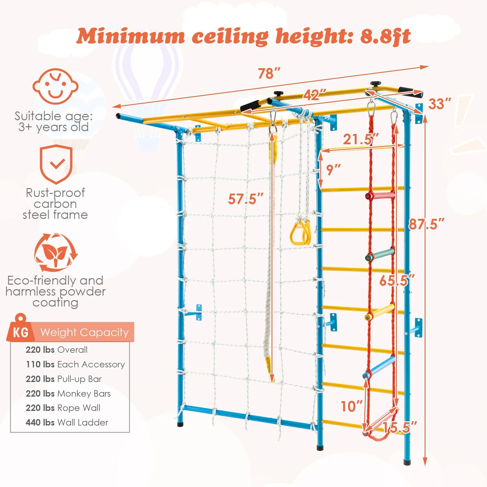 7 In 1 Kids Indoor Gym Playground Swedish Wall Ladder for Solid Wall-Yellow - Image 5