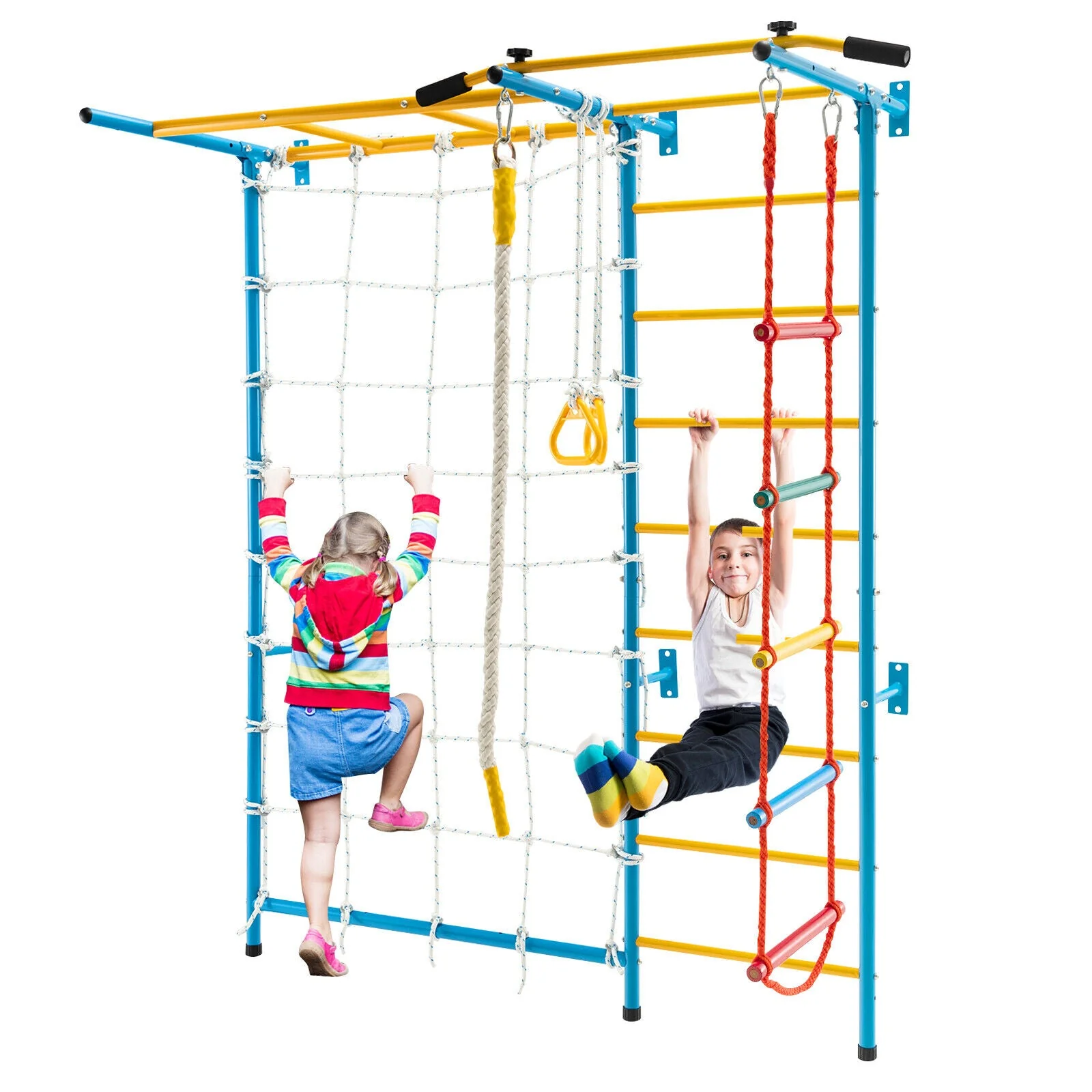 7 In 1 Kids Indoor Gym Playground Swedish Wall Ladder for Solid Wall-Yellow - Image 6