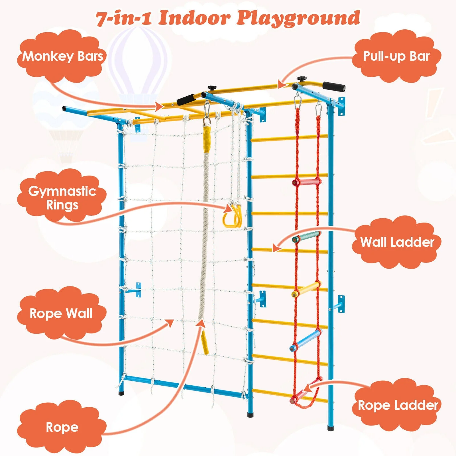 7 In 1 Kids Indoor Gym Playground Swedish Wall Ladder for Solid Wall-Yellow - Image 8