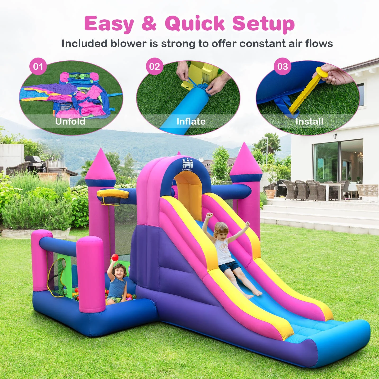 7-in-1 Kids Inflatable Bounce House with Long Slide and 735W Blower - Image 2