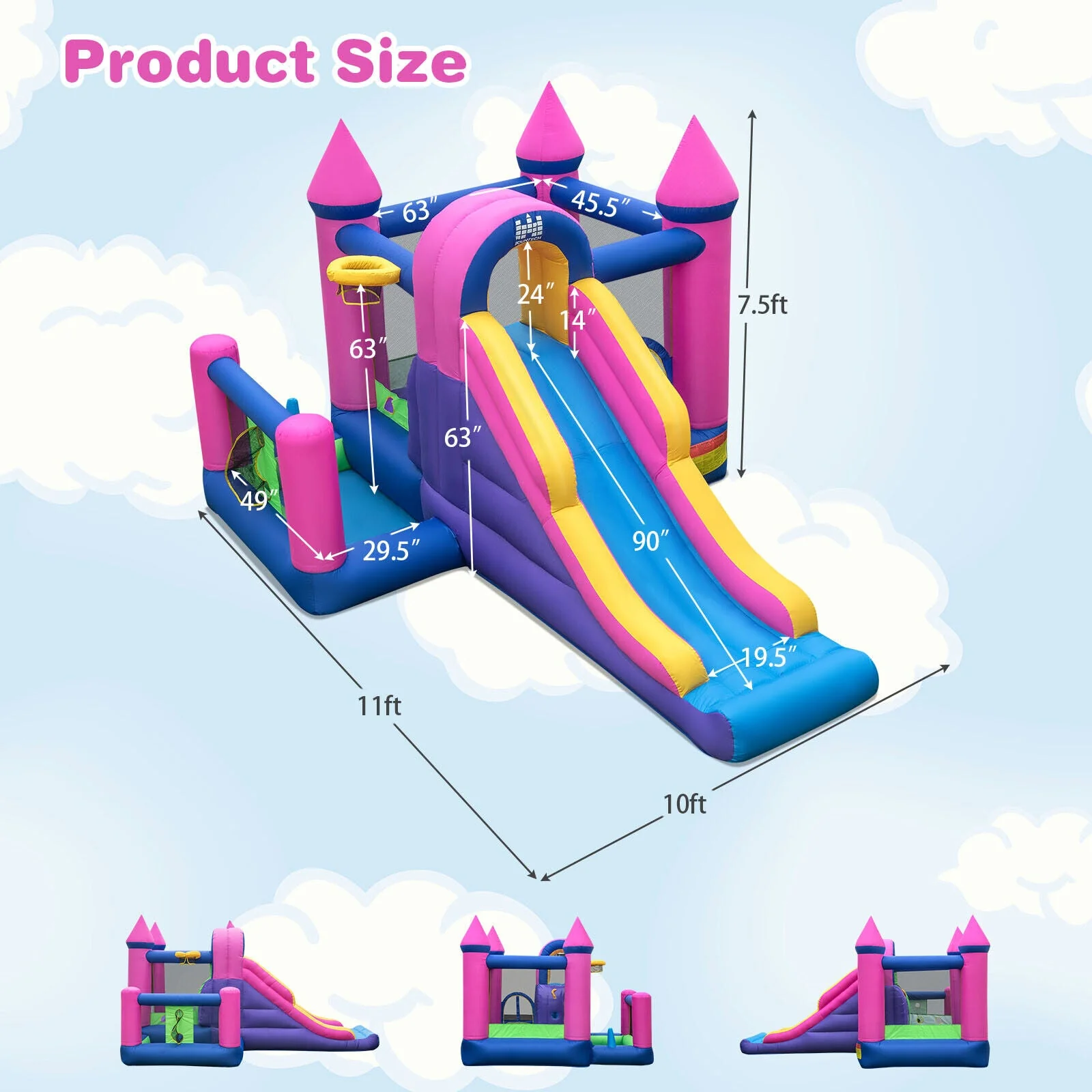 7-in-1 Kids Inflatable Bounce House with Long Slide and 735W Blower - Image 5