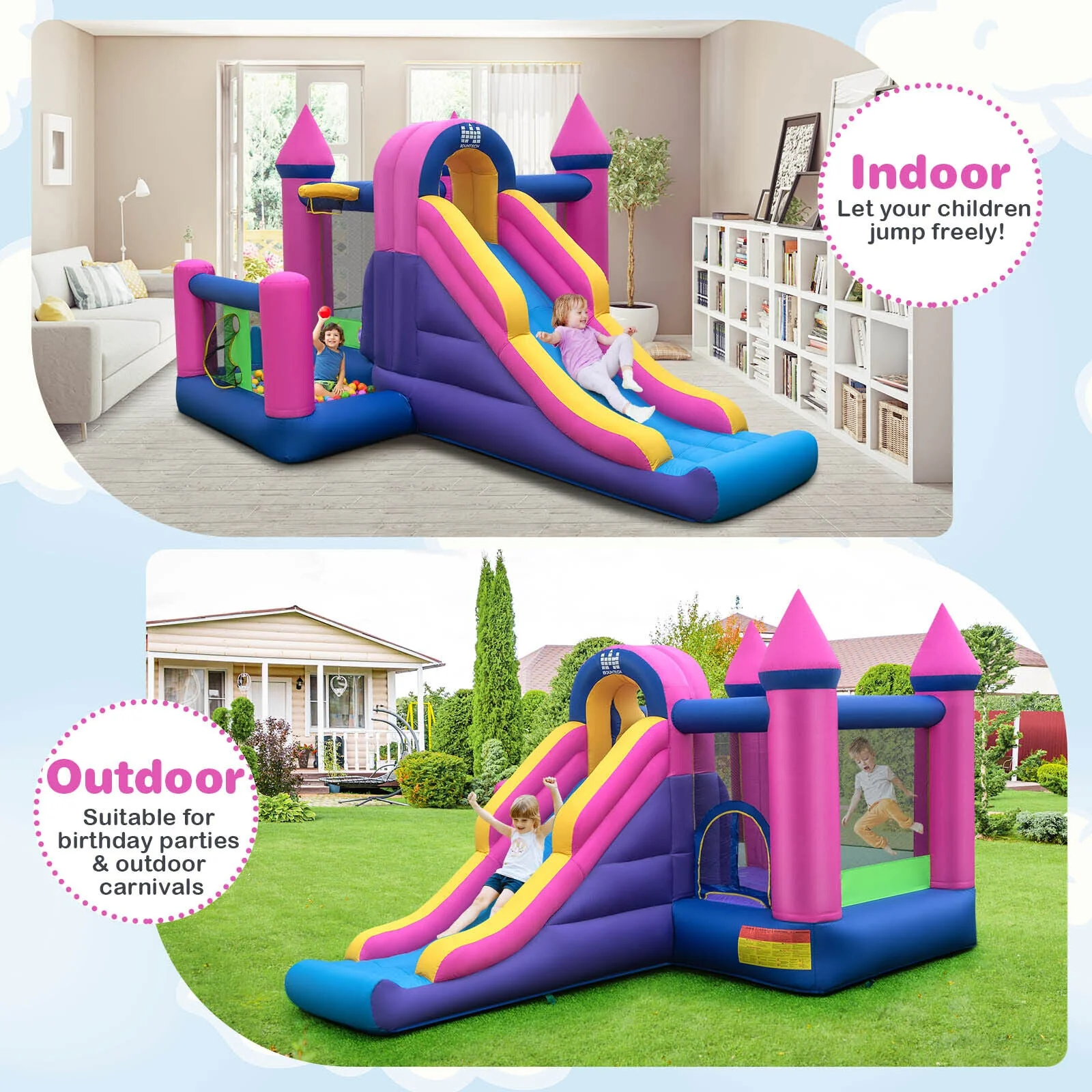 7-in-1 Kids Inflatable Bounce House with Long Slide and 735W Blower - Image 7