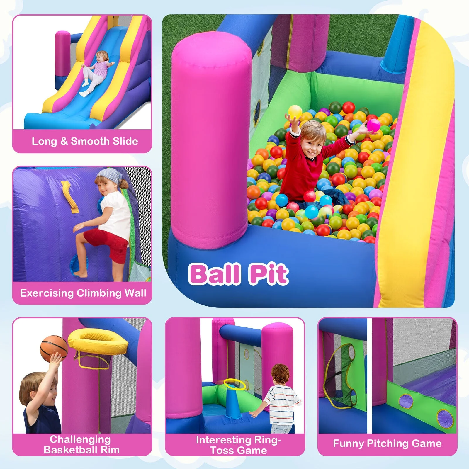 7-in-1 Kids Inflatable Bounce House with Long Slide and 735W Blower - Image 8