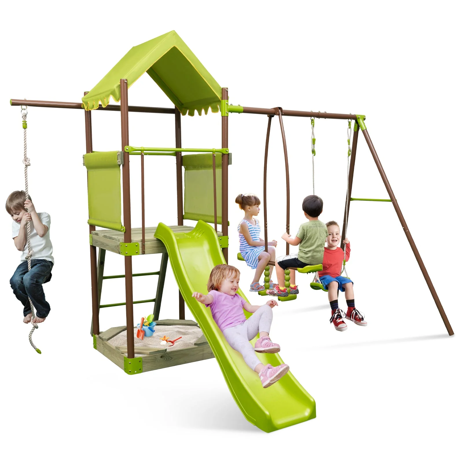 7-in-1 Kids Outdoor Metal Playset with Wave Slide and Climbing Rope-Green - Image 2