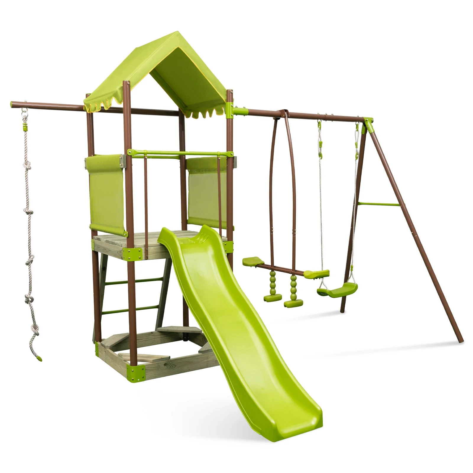 7-in-1 Kids Outdoor Metal Playset with Wave Slide and Climbing Rope-Green - Image 3