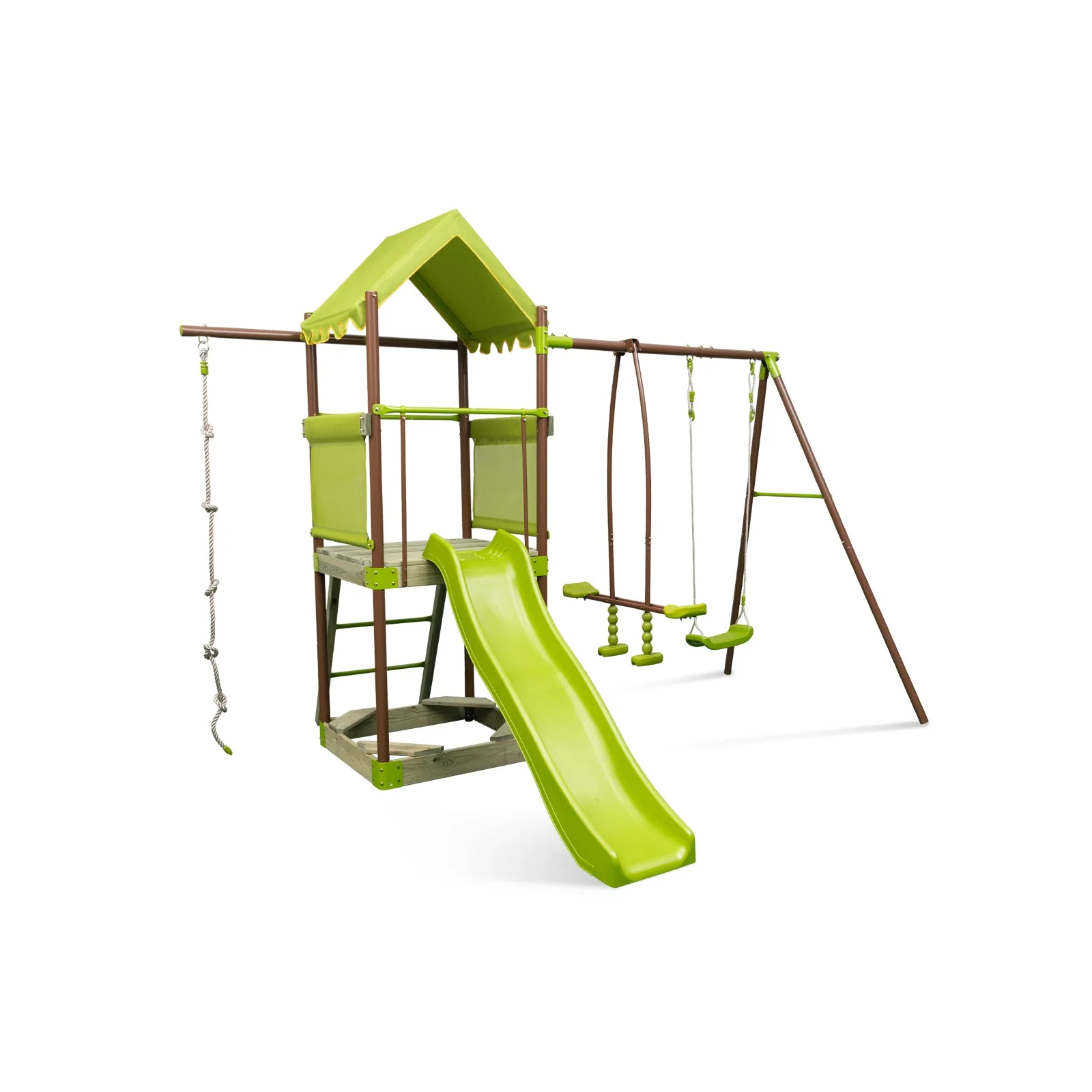 7-in-1 Kids Outdoor Metal Playset with Wave Slide and Climbing Rope-Green - Image 4