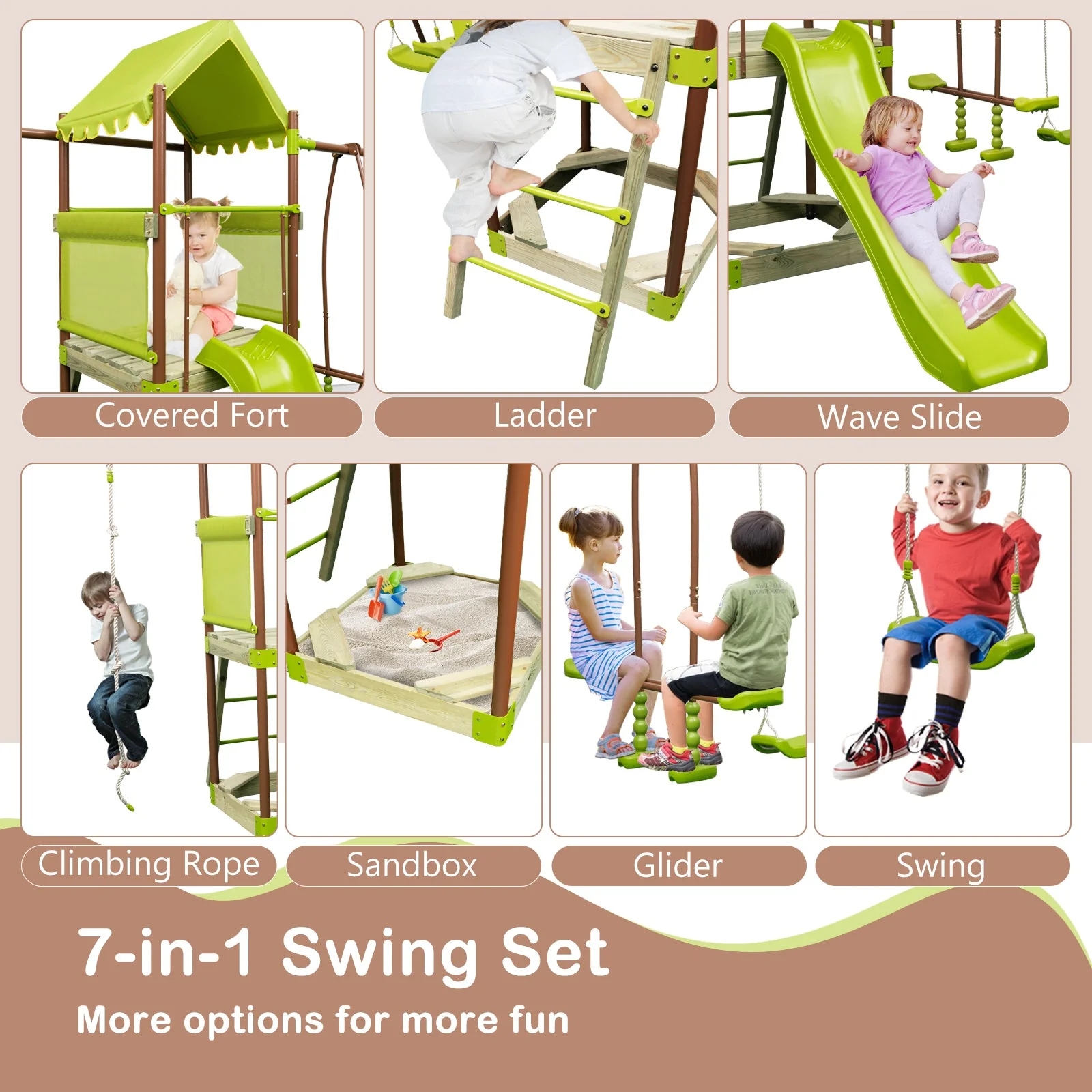 7-in-1 Kids Outdoor Metal Playset with Wave Slide and Climbing Rope-Green - Image 6