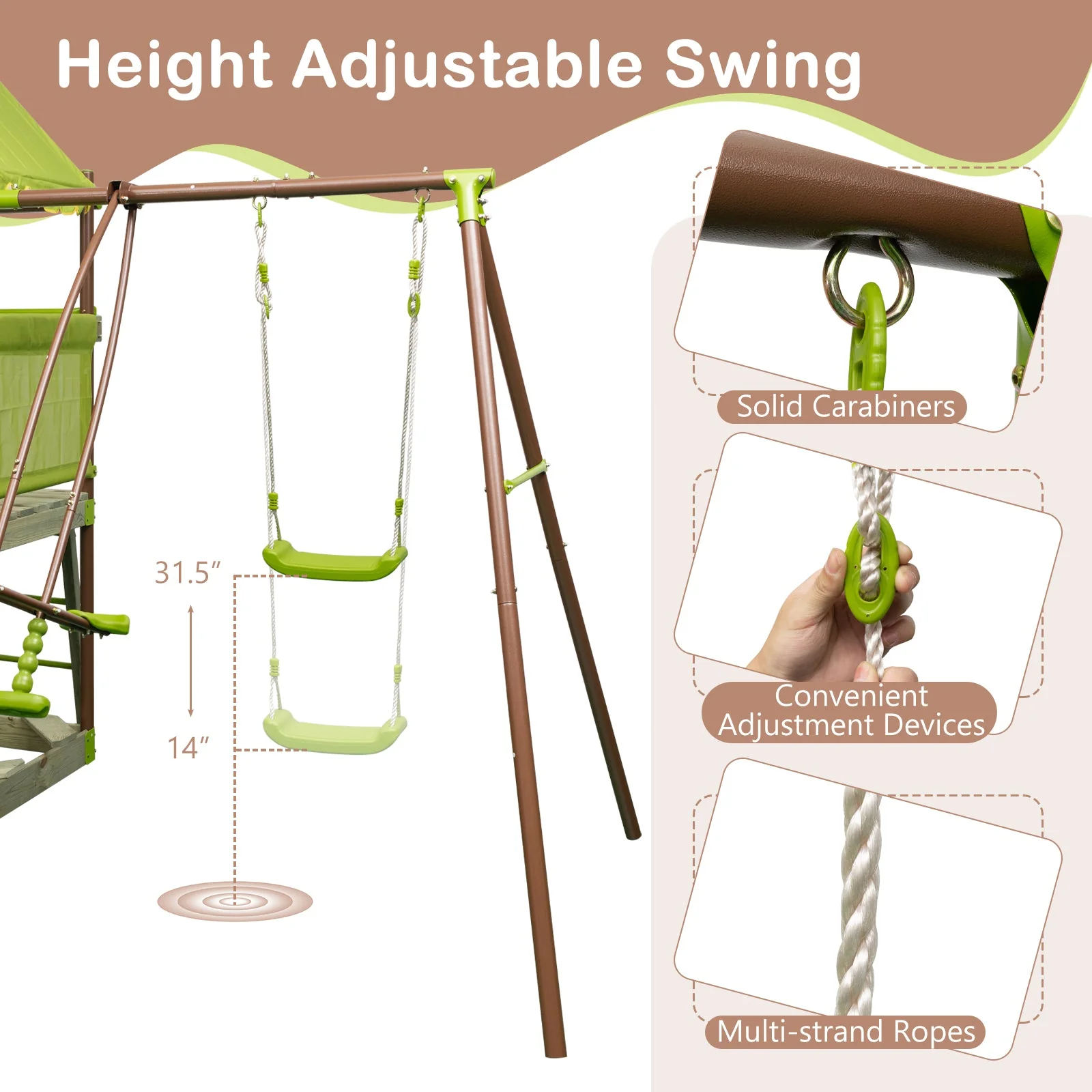 7-in-1 Kids Outdoor Metal Playset with Wave Slide and Climbing Rope-Green - Image 7