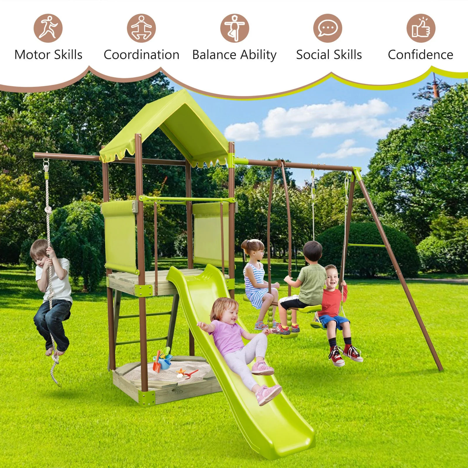 7-in-1 Kids Outdoor Metal Playset with Wave Slide and Climbing Rope-Green - Image 8
