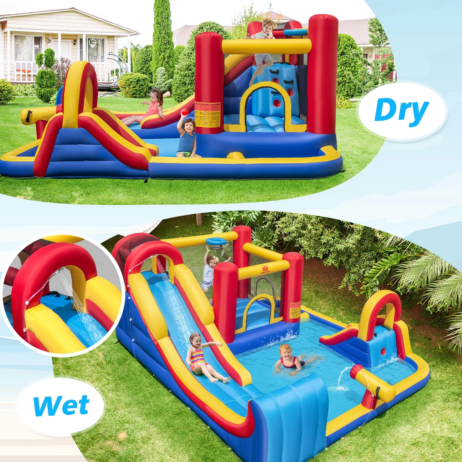 7 in 1 Outdoor Inflatable Bounce House with Water Slides and Splash Pools with 735W Blower - Image 2