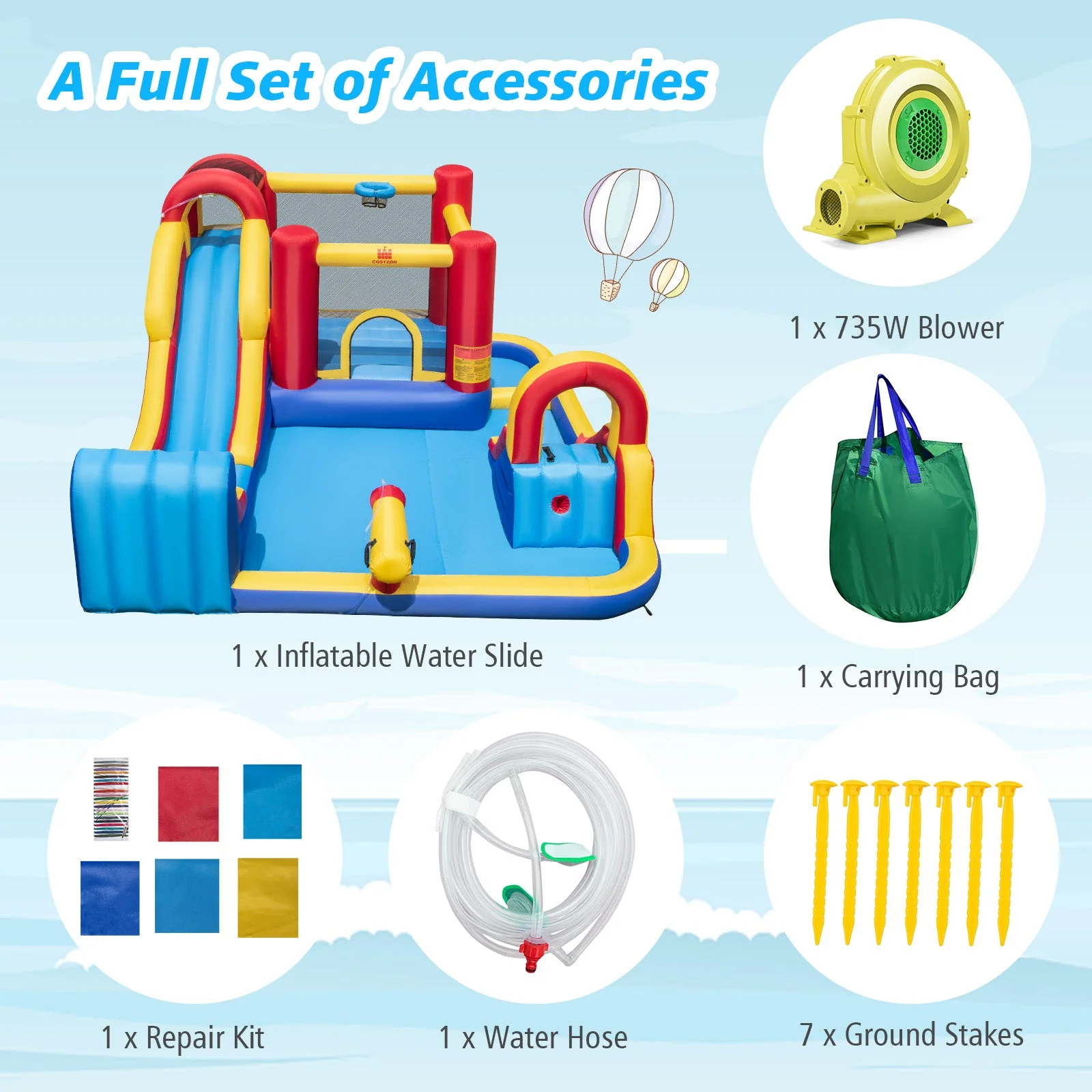 7 in 1 Outdoor Inflatable Bounce House with Water Slides and Splash Pools with 735W Blower - Image 7