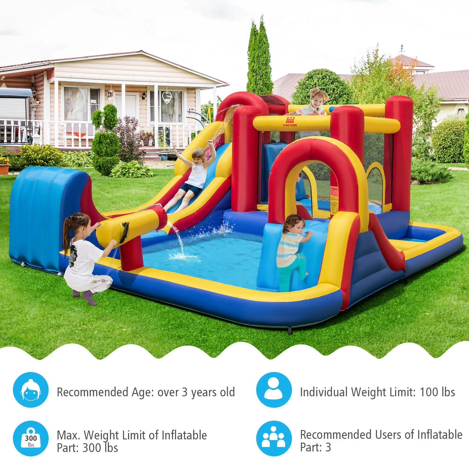 7 in 1 Outdoor Inflatable Bounce House with Water Slides and Splash Pools with 735W Blower - Image 8