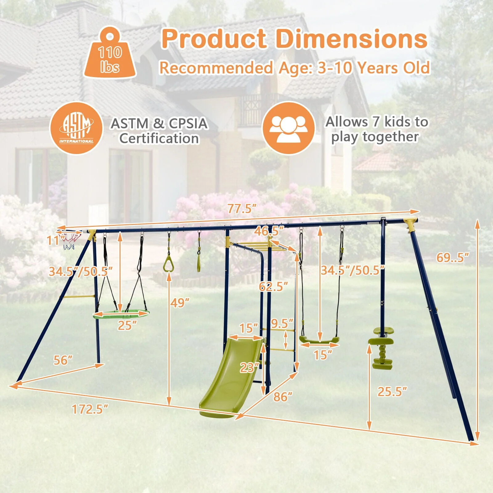 7-in-1 Stable A-shaped Outdoor Swing Set for Backyard - Image 5