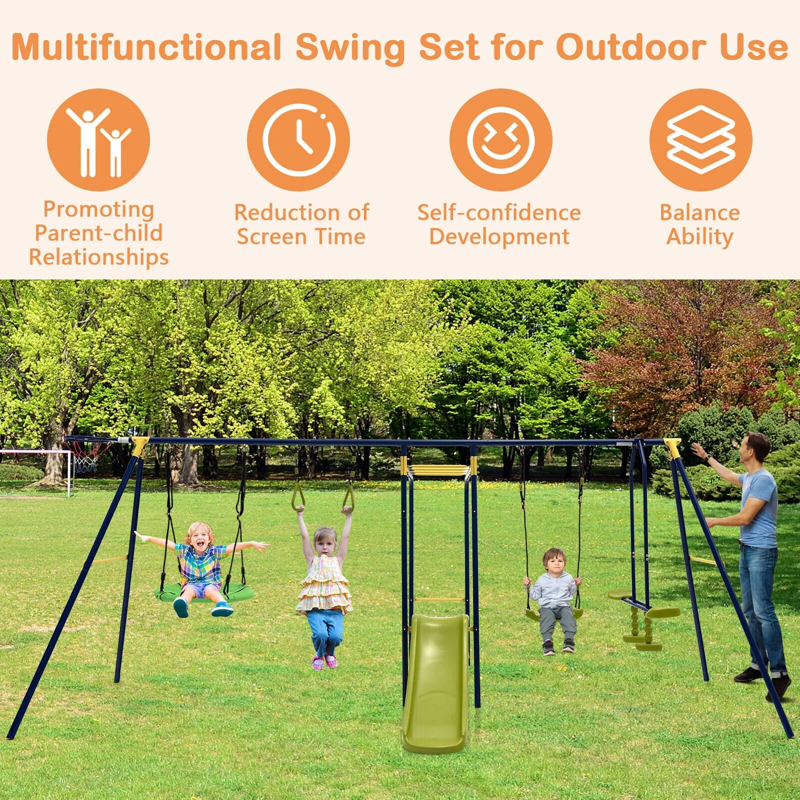 7-in-1 Stable A-shaped Outdoor Swing Set for Backyard - Image 6