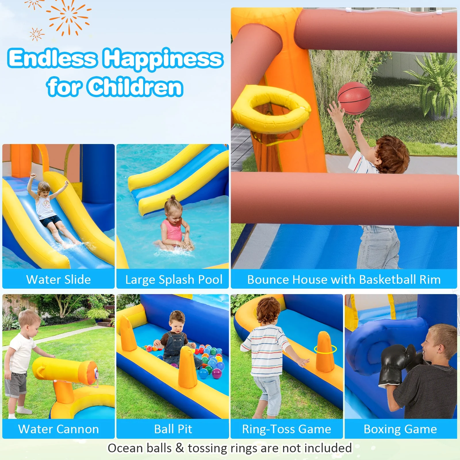 7-In-1 Water Slide Park with Splash Pool and Water Cannon with 680W Blower - Image 6